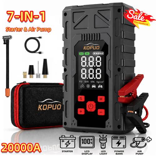 6000-8000A Jump Starter Optional 20000A Peak 12V Car Jump Starter with Air Compressor, Heavy Duty Jump Starter Battery Pack with 150PSI Portable Tire Inflator,, 7-in-1 Roadside Assistance Kit, Battery Booster Power Bank with LCD Display, LED Light