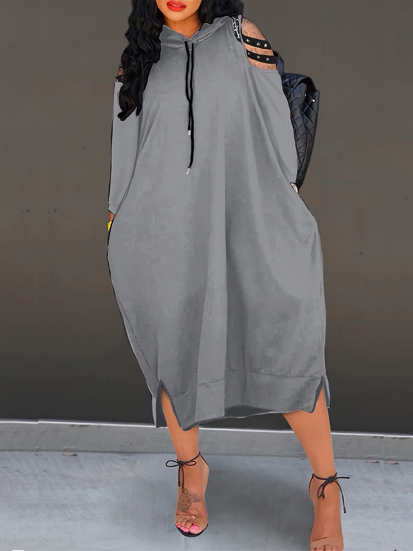 plus size casual long sleeve hoodie dress pockets polyester - Temu