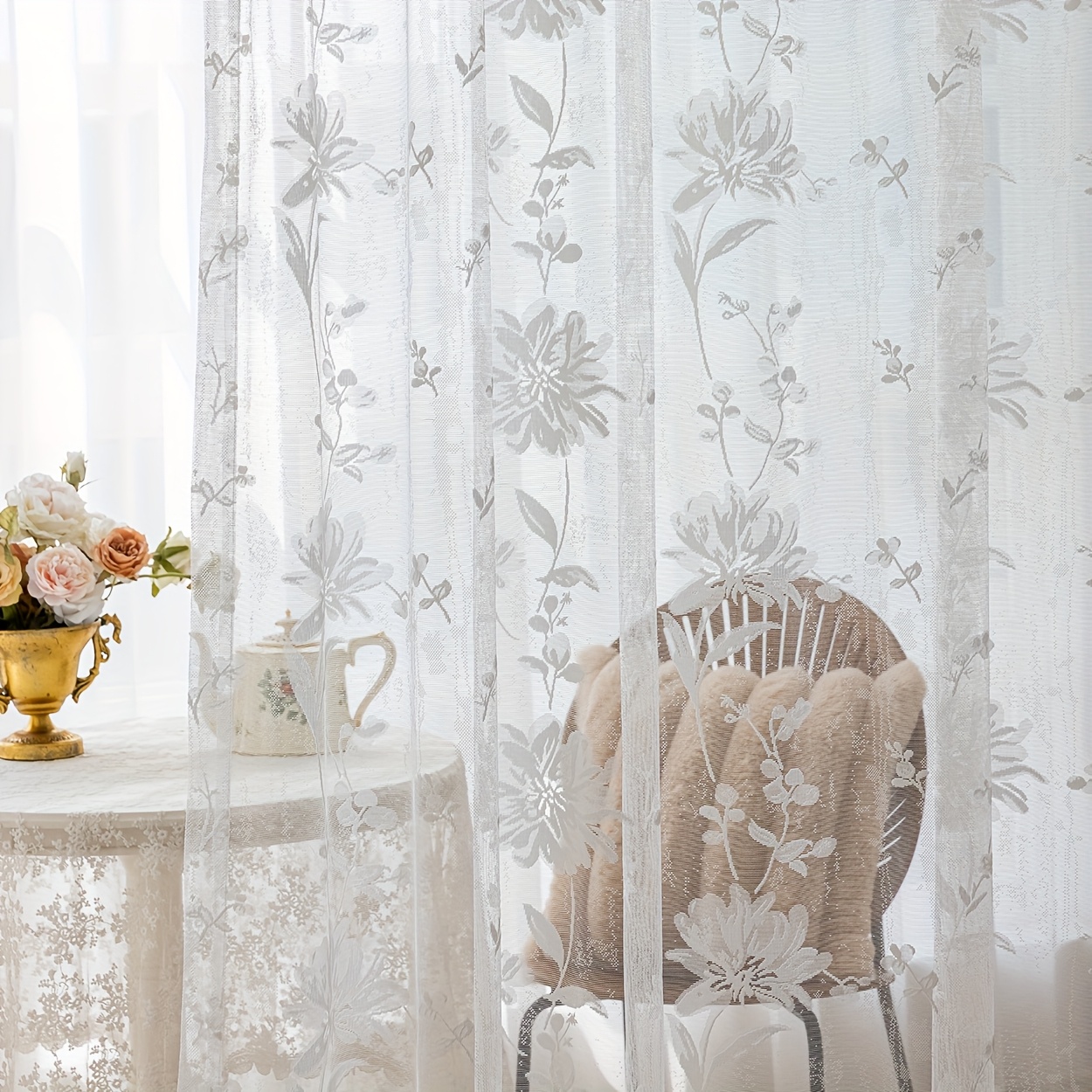 Image of 2panels Elegant And Exquisite Floral Jacquard Sheer Curtains, Featuring A Pocket For Hanging Rod, Suitable For Bedrooms, Living Rooms, And Home Decor