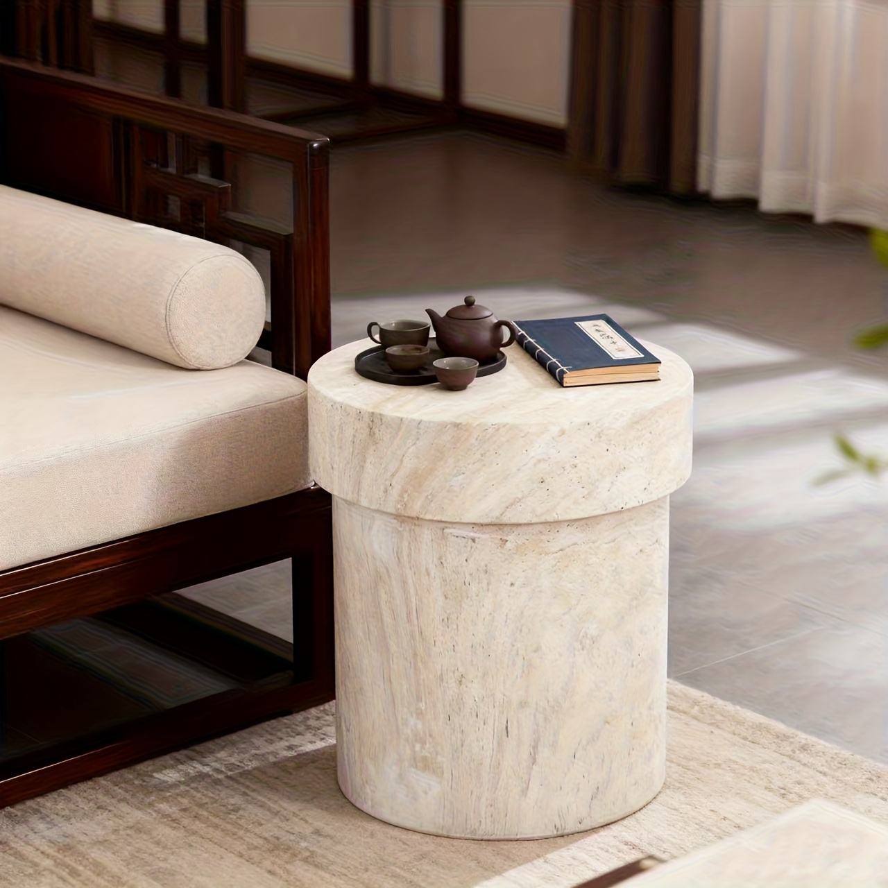 1pc Vintage Natural Stone Side Table, Luxury Bedside Table for Bedroom, Light Luxury Style Accent Table for Living Room