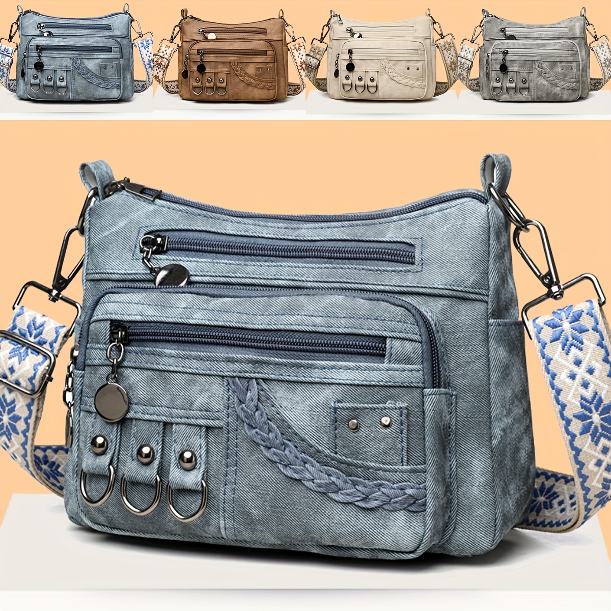 perfect lily womens bohemian vintage crossbody bag multi pocket adjustable shoulder bag synthetic leather compact purse for daily   travel beach gift for mom friends light brown gray white beige blue yellow beach carryall bag textured finish purse sturdy zipper closure secure snap pockets Product details 0
