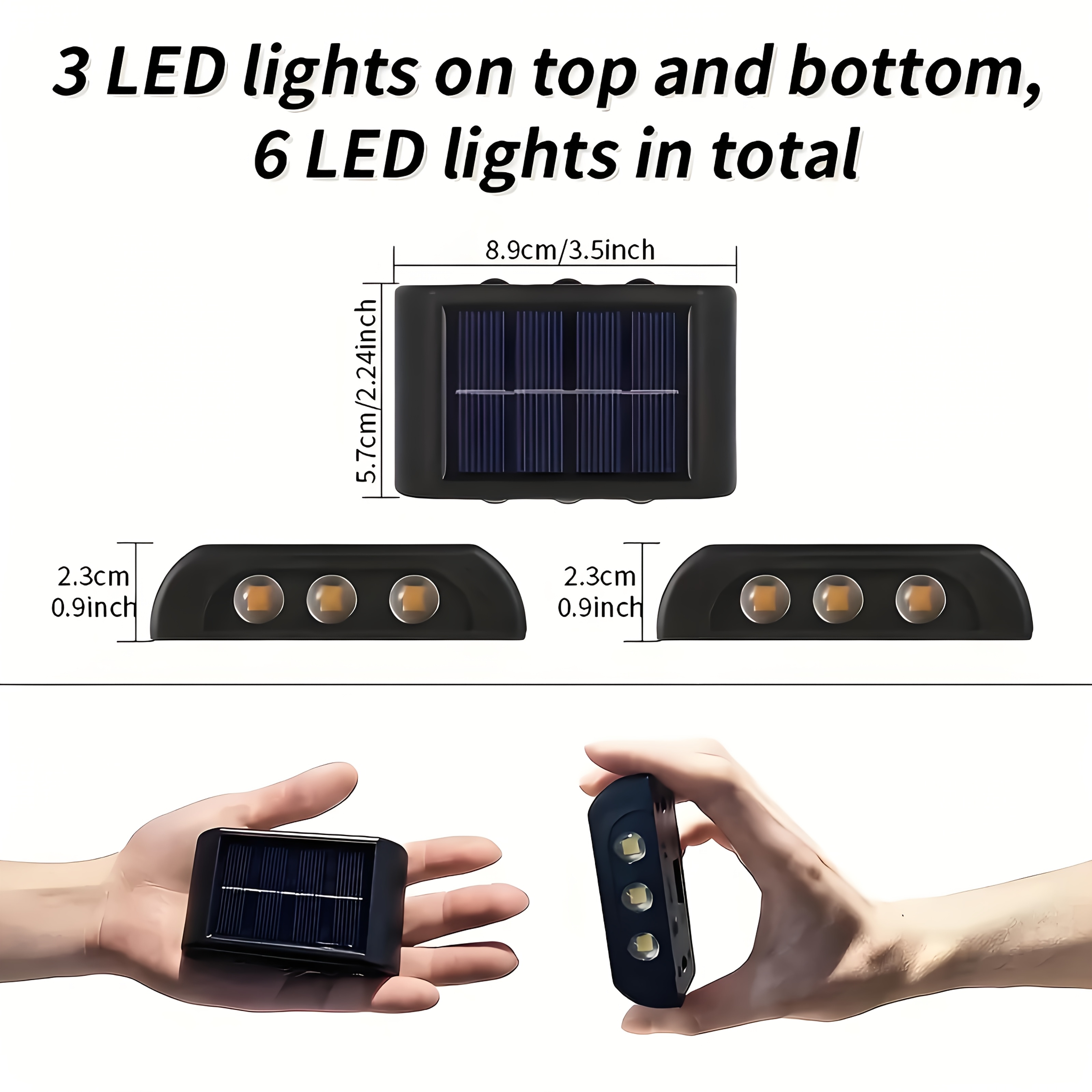 Set de 6 LED-uri, 2 bucăți, Lămpi solare de perete pentru exterior, Lumină de noapte portabilă, Lămpi ambientale de perete, Moduri de iluminare reglabile, Nu necesită încărcare, Instalare ușoară, Potrivite pentru garduri de grădină, verande, garaje exterioare, Iluminat interior/exterior, Lămpi de perete pentru exterior
