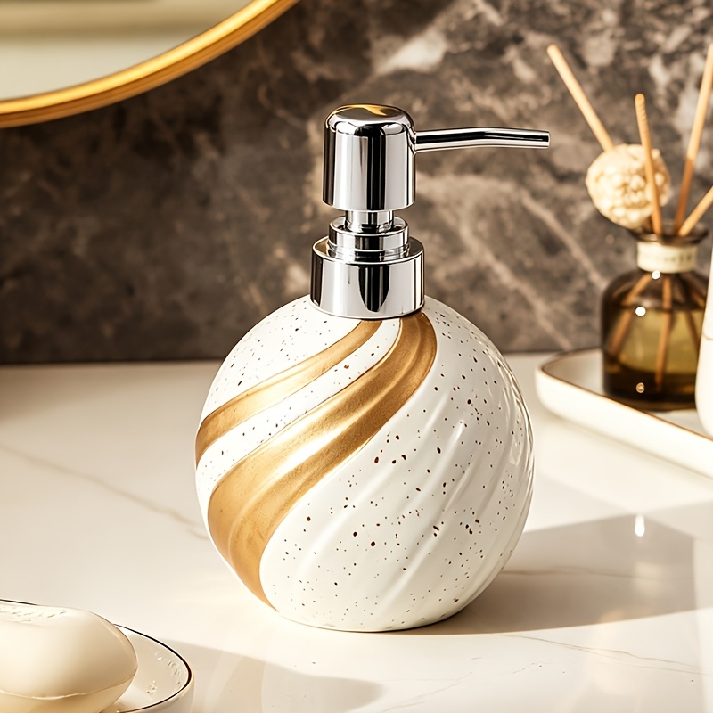 TEMU Light Luxury Gilded Striped Ceramic Soap Dispenser, Office Spherical Press-type Hand Sanitizer Bottle, Hotel Restroom Bathroom Lotion Dispensing