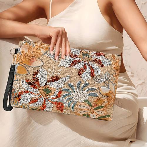vintage floral clutch purse with detachable wrist strap lightweight large capacity womens evening bag for weddings parties travel multicolor beaded design zipper closure beach accessory polyester lining