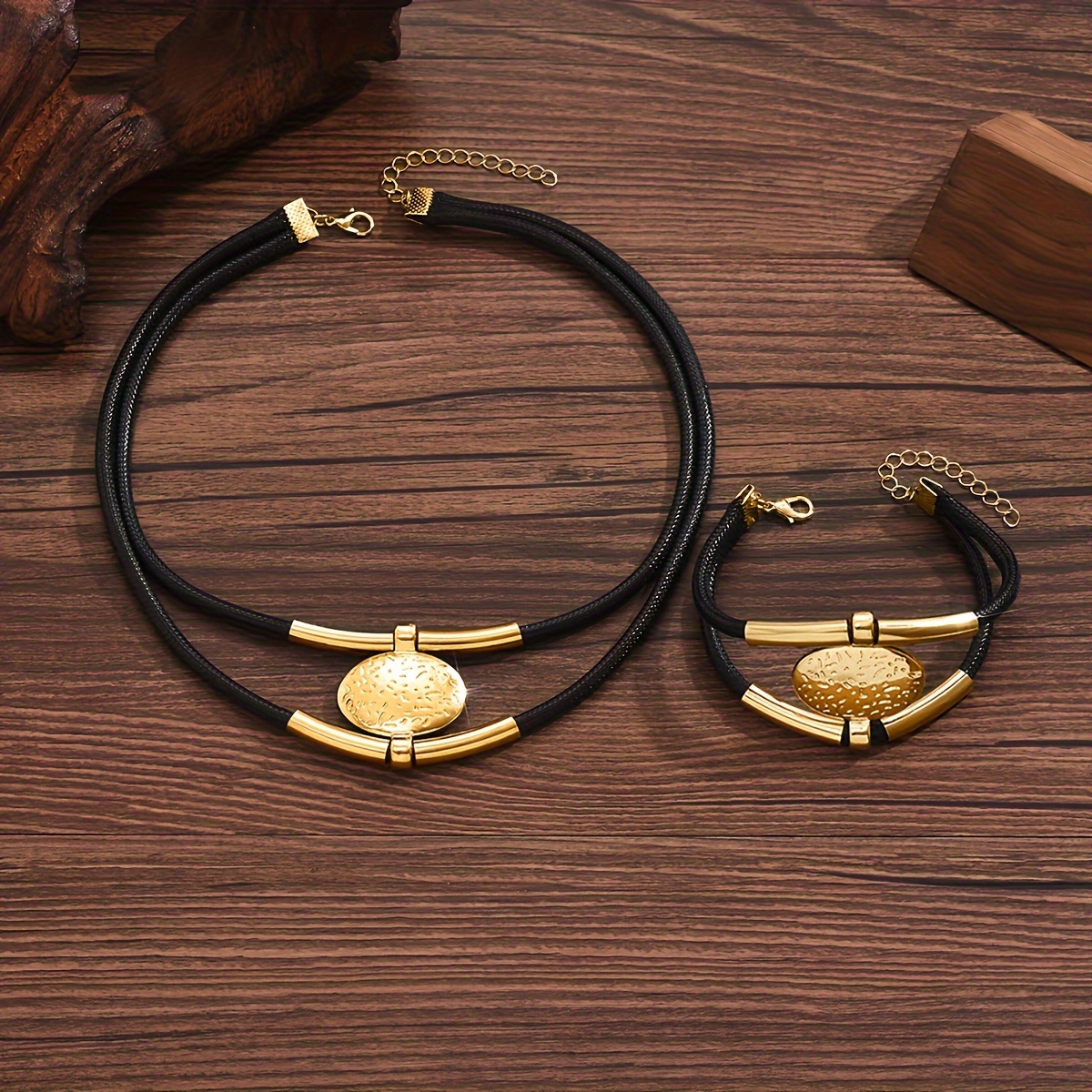 Boho Rope Oval Pendant Bead Necklace & Bracelet Set