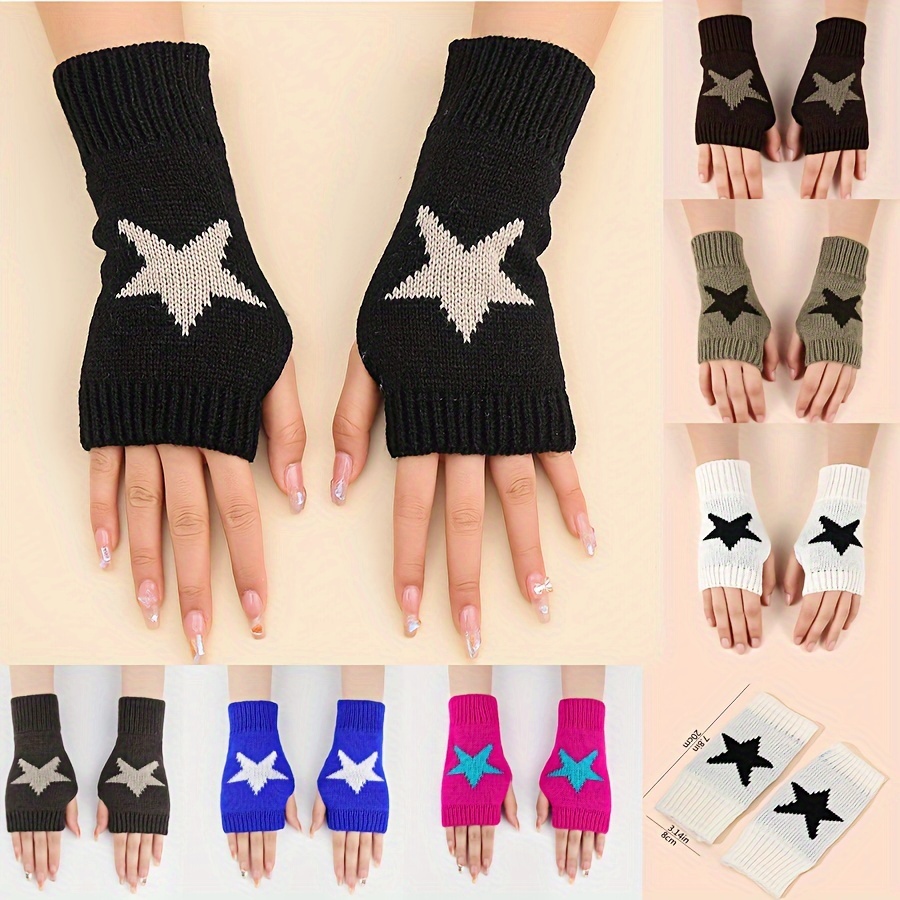 

Women's Star Pattern Knit Fingerless Gloves - Polyester Material, Hand Washable, Elastic, Fashionable Wrist Warmers For Street Style & Casual Outings