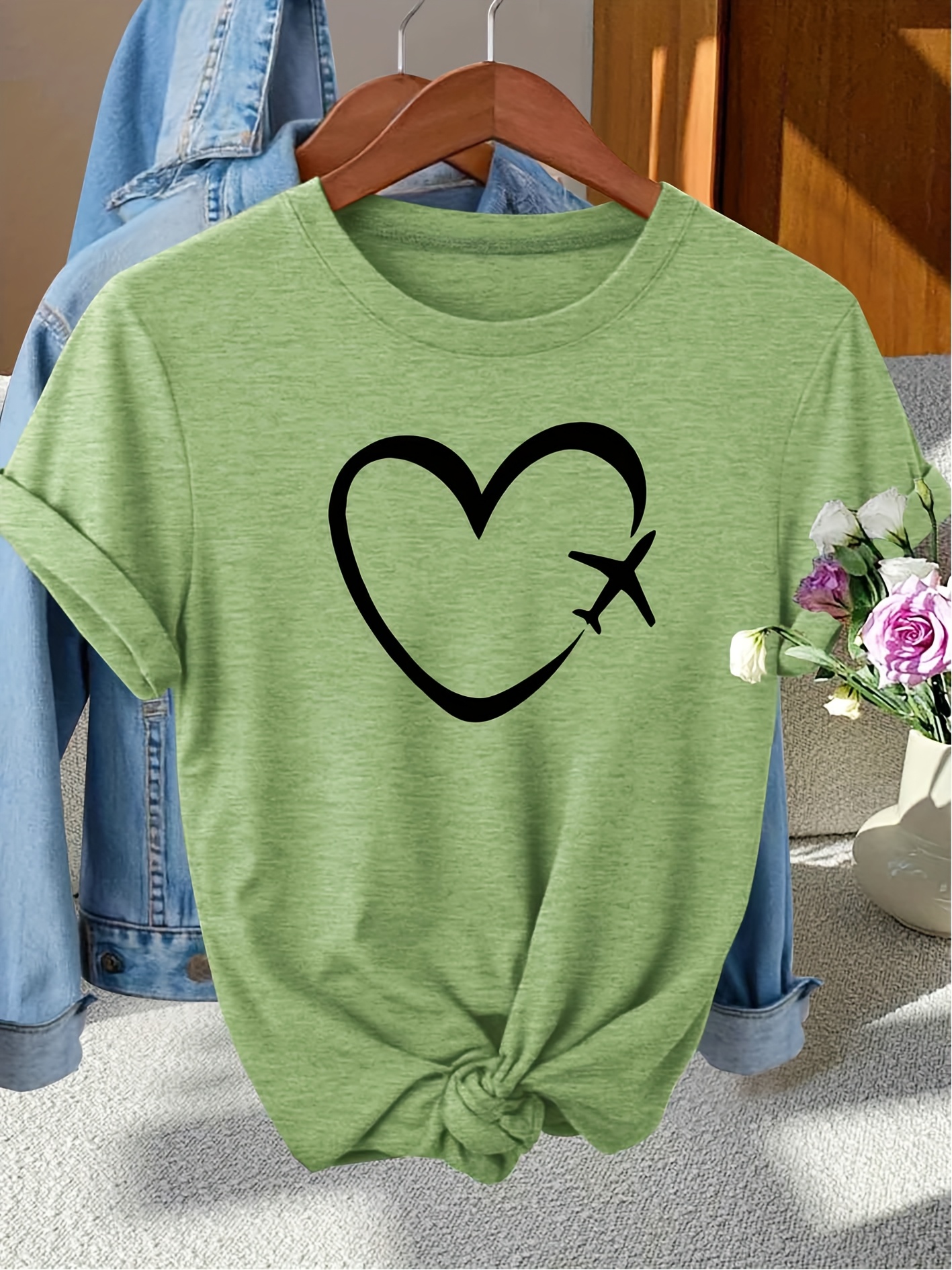 womens retro airplane heart graphic print t shirt olive Temu