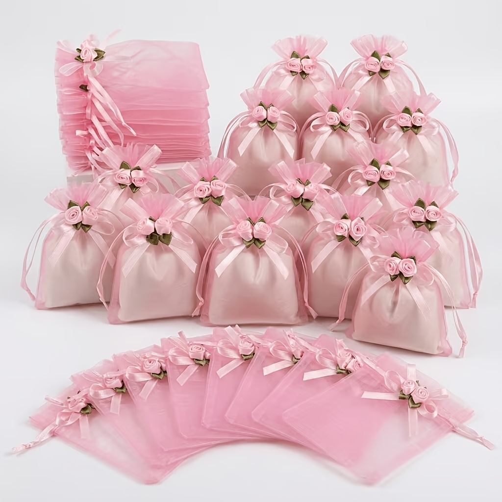 TEMU Cadeau pour Elle/Lui - 24 Sacs Cadeaux à Cordon en Organza Rose, Pochettes à Bijoux en Filet avec Nœud Rose, Sacs d'Emballage Cadeau Légers en