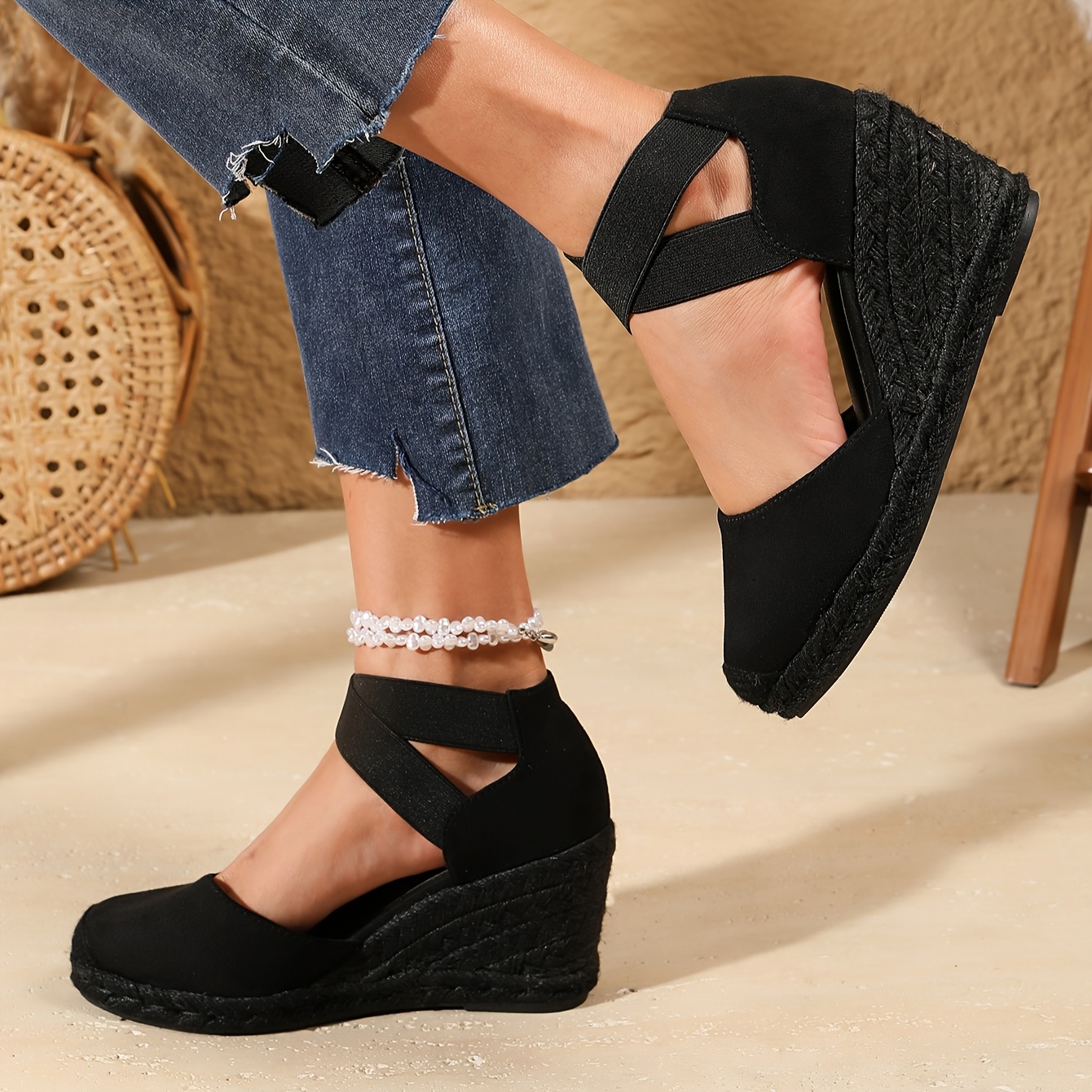 women's elegant black espadrille wedge heels - Temu United Kingdom