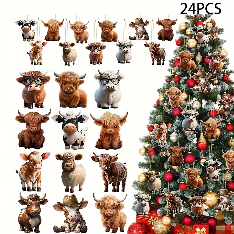 

24 Pcs Wood Ornaments - Cartoon Cows, Holiday Embellishments For