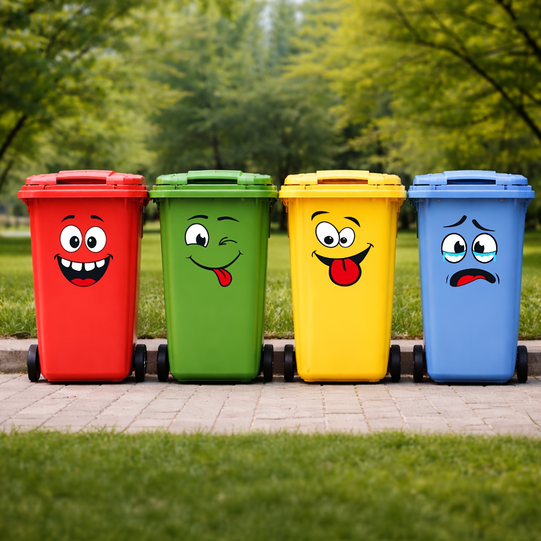 4pcs set of   trash can stickers cartoon emotion bin decals suitable for plastic   removable high quality   stickers for kitchen bathroom office trash cans walls toilet decor refrigerators and glossy  