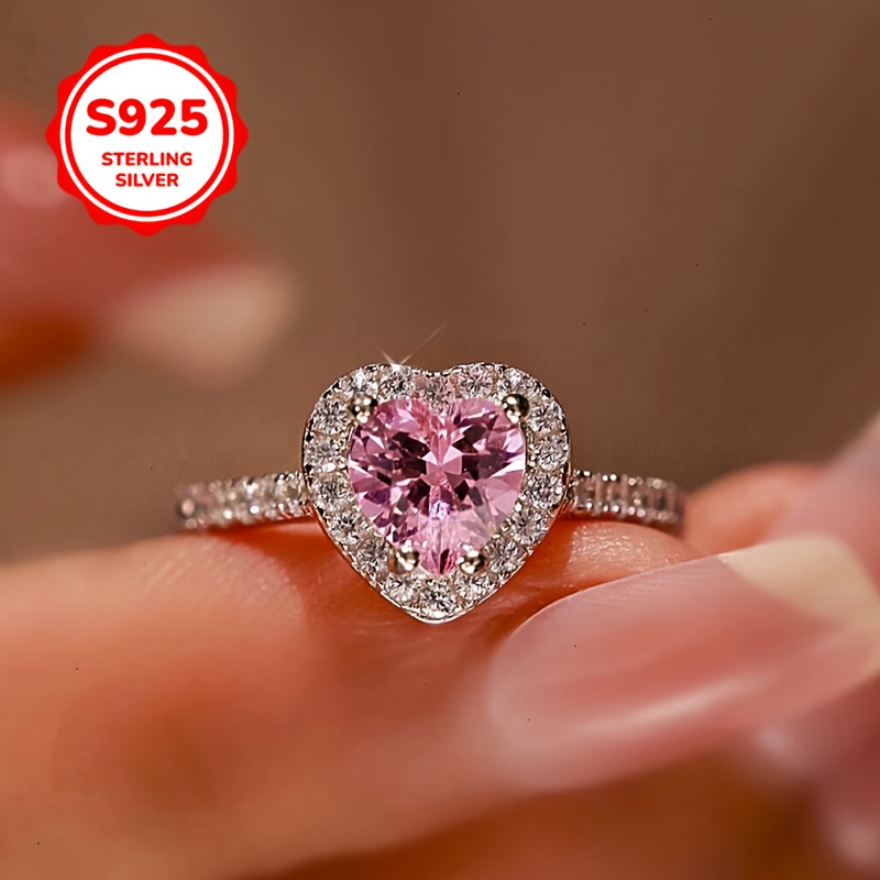 925 Silver Heart Open Ring Pink CZ Low Allergy Adjustable Light