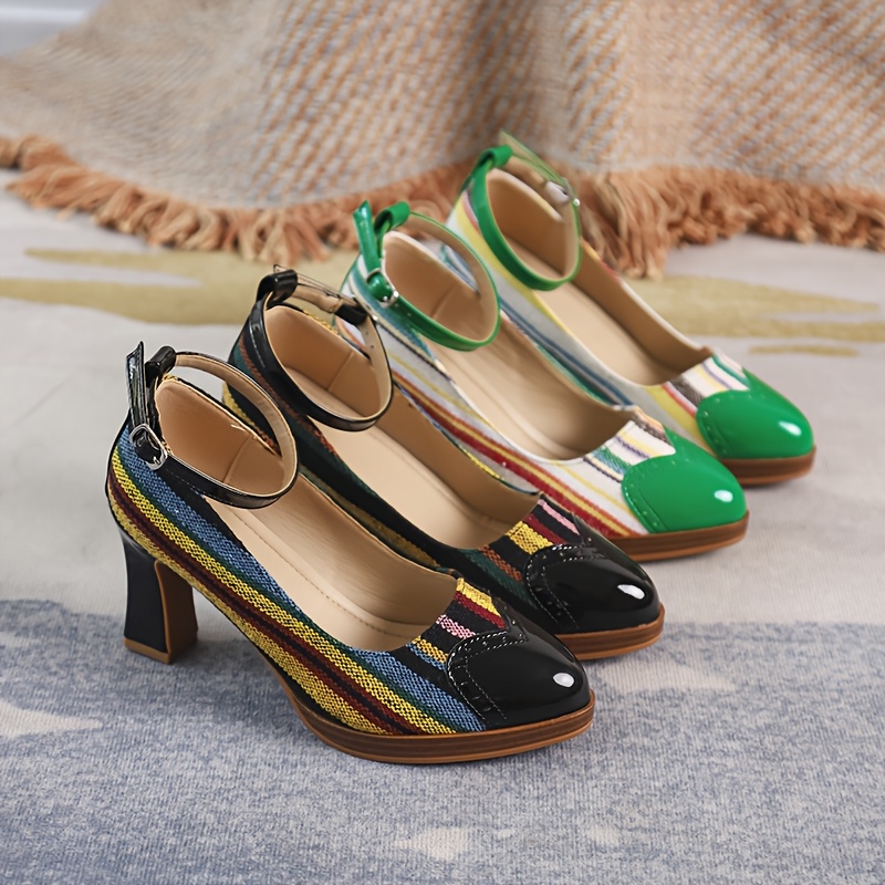 Women's Retro Platform Mary Jane Shoes with Chunky Heel & Multi-Color Striped Design - Round Toe Faux Cover/Fabric Upper, Green/Beige/White/Black/Brown, Comfortable Block Heel & Arch Support, All-Season Casual to Formal Dress Shoes - Vibrant Striped Pattern, Chunky Heel  Cushioned Insole, TPU Sole, Versatile for Casual Attire, Retro Style with Mary-Jane Strap & Buckle Closure, Sparkly Shoes for Women, Petite Pointed High Heel Shoes, Beige Shoes for Women Elegant Classy,