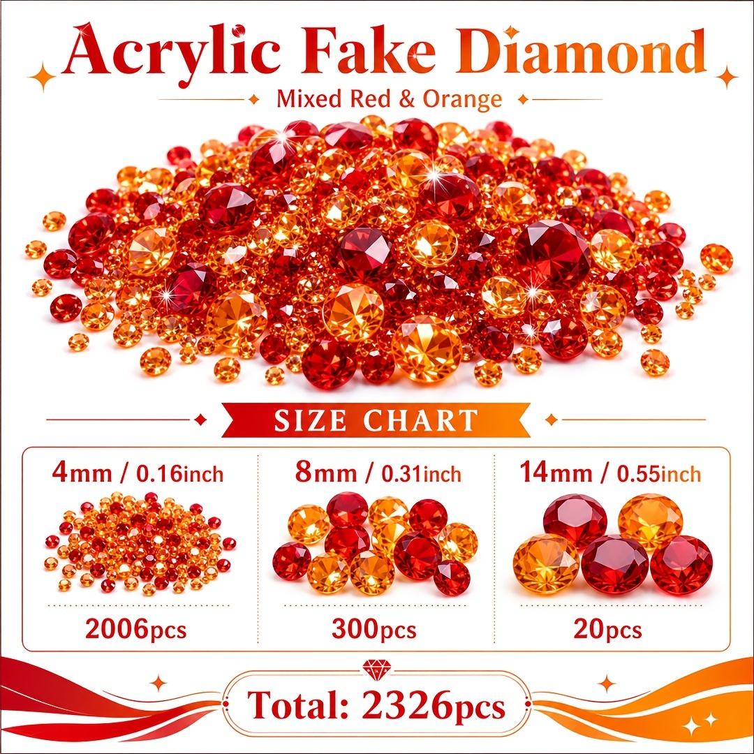 2326pcs 4mm+8mm+14mm Acrylic Orange And Red Fake Diamonds, Vase Filling, Home Decoration, Home Decor And Accessories, Room Decor, Outdoor Garden Decor, , Wedding Gifts, Shower Decorations, Xmas Decor