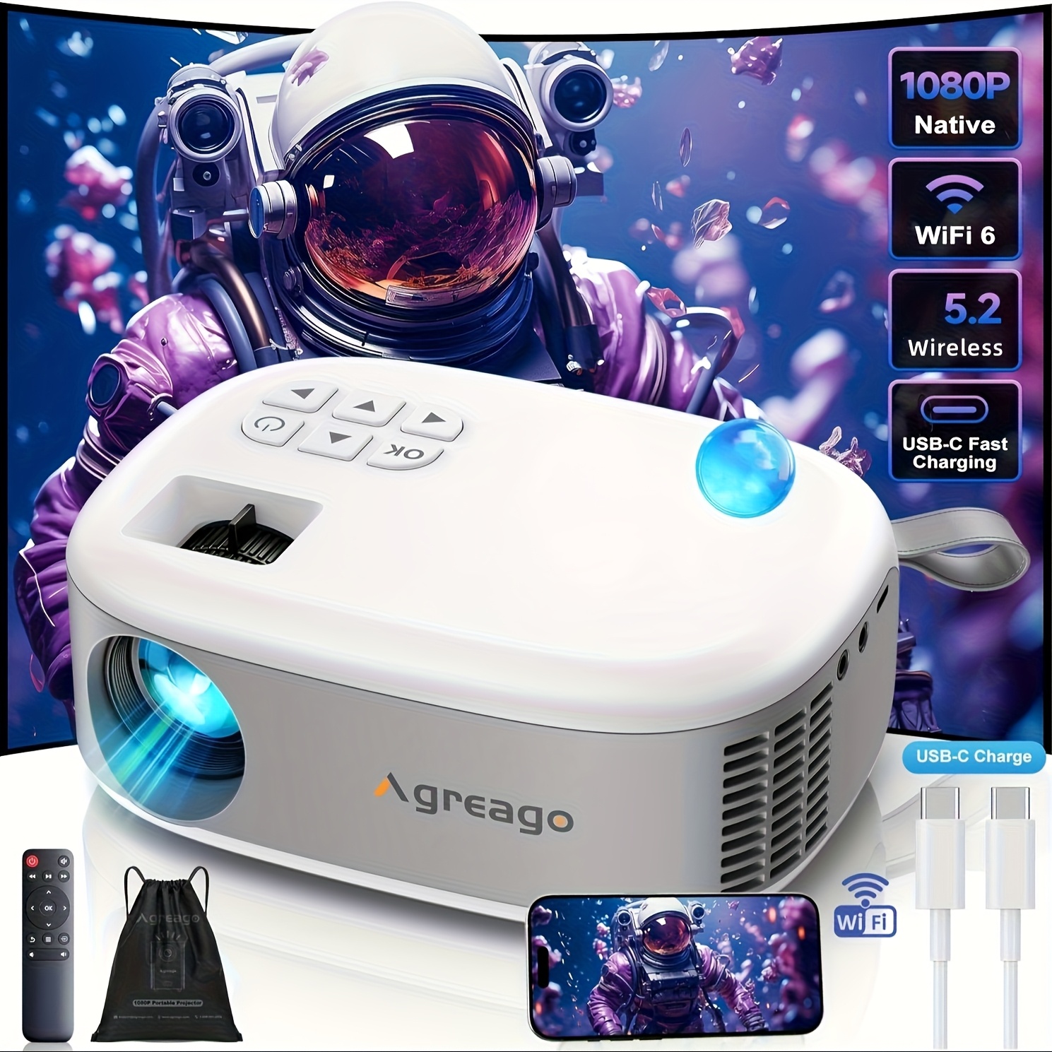 TEMU Portable Mini Projector With 1080p Native Full Hd & 4k, 390ansi Home Theater Movie Projector, 5g Wifi/ 5.2, For Tv Stick/smartphone/-c/av, &