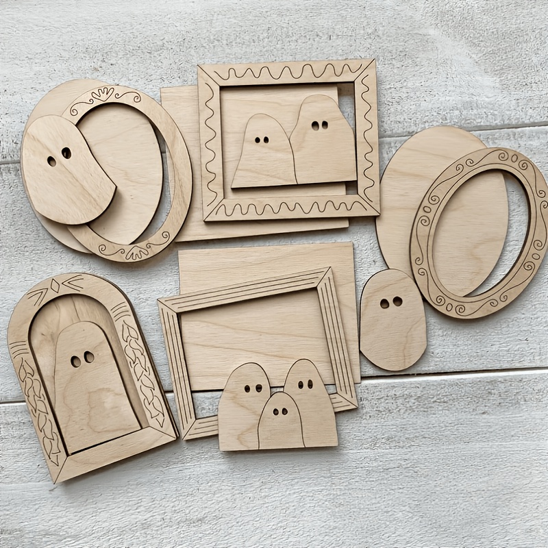 TEMU Diy Wooden Photo Frame Decoration, 15 Wood Pieces, 5 Finished Photo Frames, Unique Halloween Wooden Photo Frame Set, Create Spooky Mini Photo