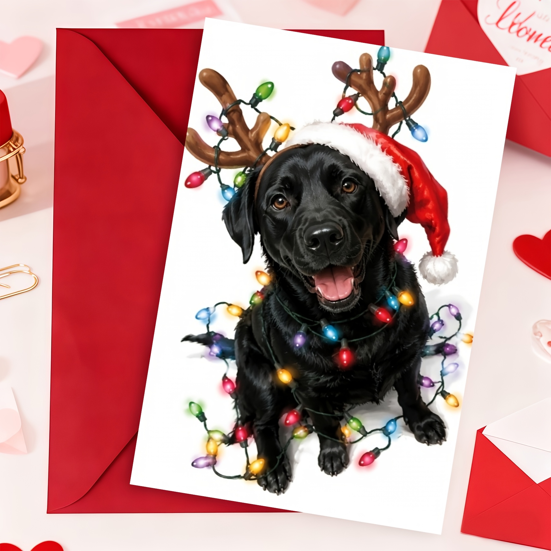 TEMU Carte de Noël Labrador Noir, avec des Chiens Portant des Bonnets de Noël et des Bois de , Vives et Sympathiques, Images Vives et Intéressantes,