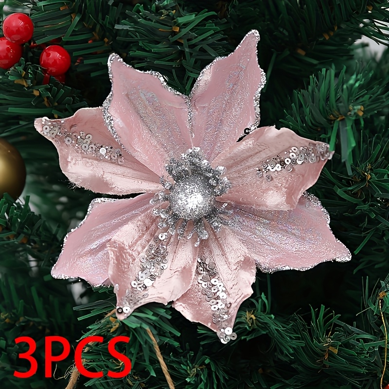 TEMU 3pcs Christmas Glitter Magnolia Flowers Ornaments Poinsettia Artificial Magnolia Flowers Pink Xmas Tree Flower For Christmas Tree Xmas Wreath