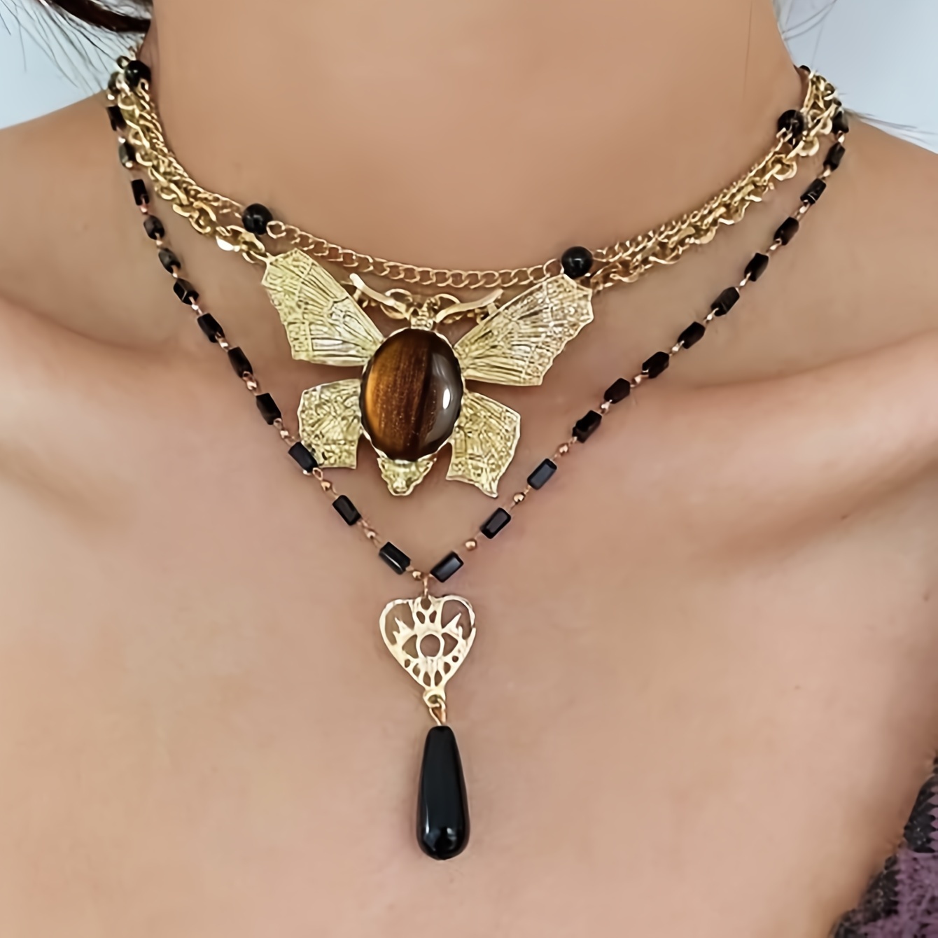 Vintage Gothic Style Butterfly Heart Pendant Necklace Brown