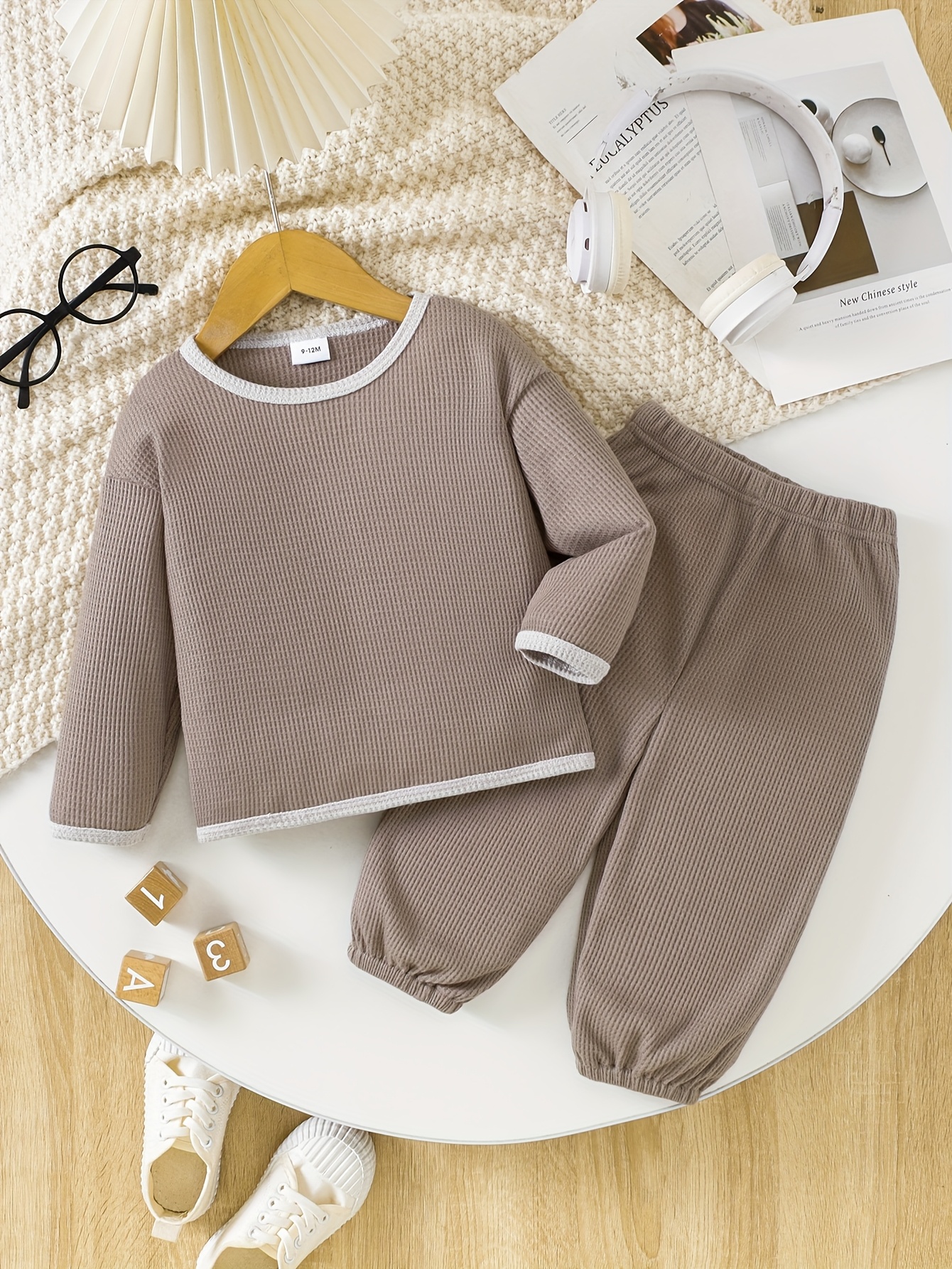 2pcs Boys' Waffle Knit Long Sleeve & Pants Set - Soft Brown Casual Outfit with Elastic Waistband, Perfect for Spring/Fall, Everyday Youngsters'S Clothing, Perfect for Outdoor