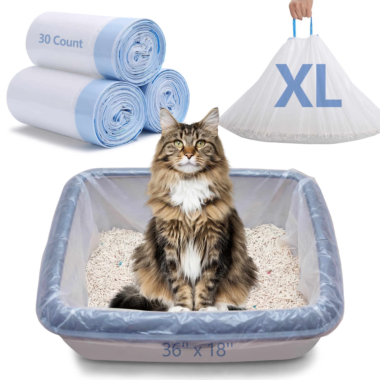 TEMU 3 Pack - Cat Litter Box Liners, Heavy Duty Cat Litter Bags, 30 Extra Thick Drawstring Cat Litter Box Bags, Oversized 36" X 18" Cat Litter Box