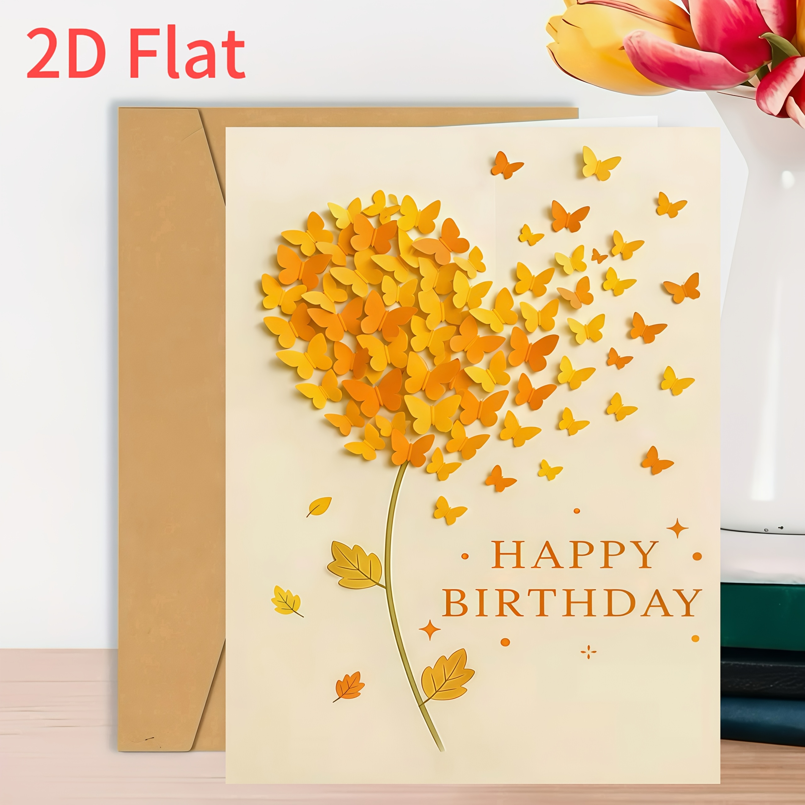TEMU 1pc Elegant Heart-shaped Birthday Greeting Card - Colorful Pattern With Yellow Leaves, Includes Envelope, Flat 2d Design, Suitable For Gifting ,
