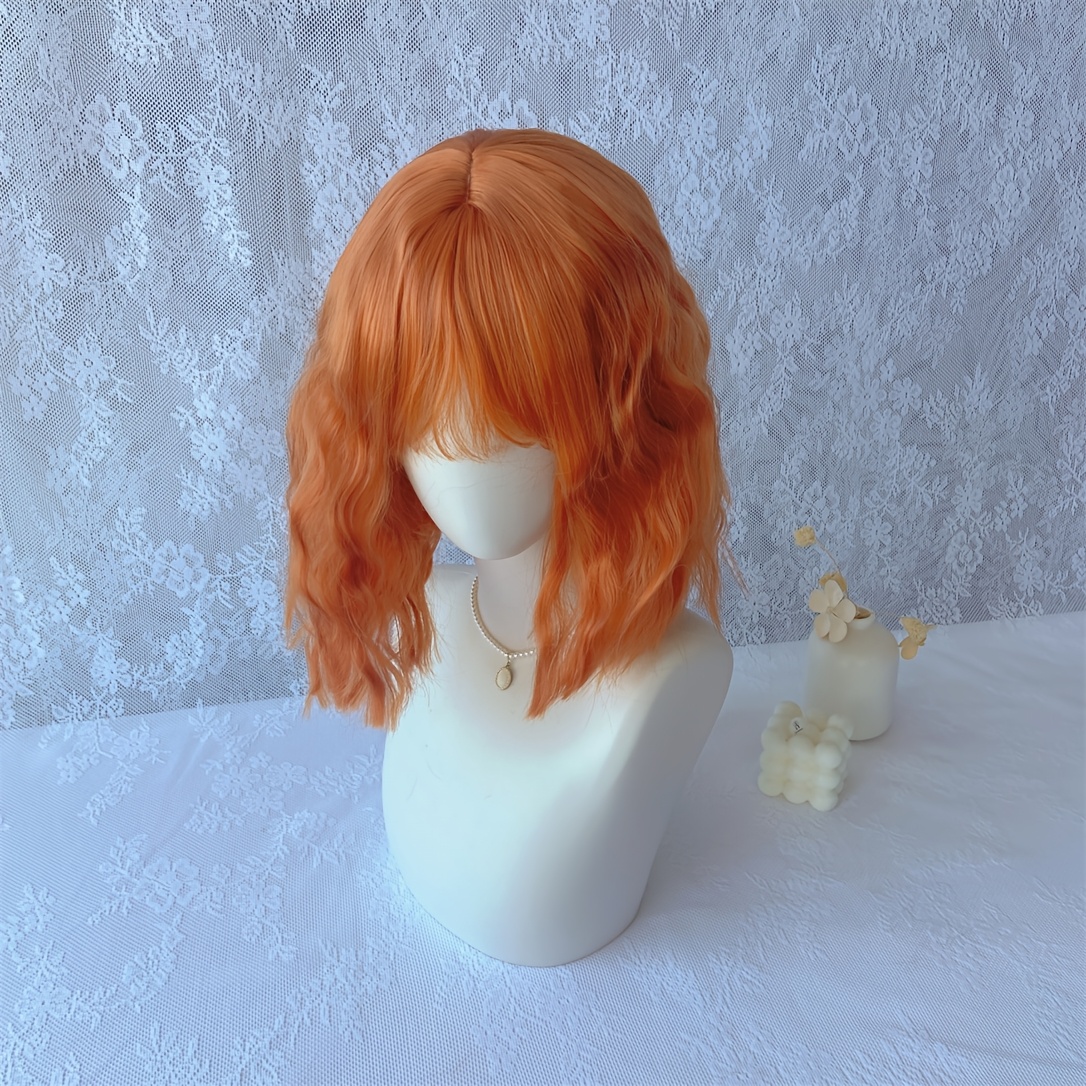TEMU 12-inch Vibrant Orange Fluffy Water Wave Wig With Bangs, Heat-resistant Synthetic Full Wig, Festive Cosplay Wig For Halloween And Christmas