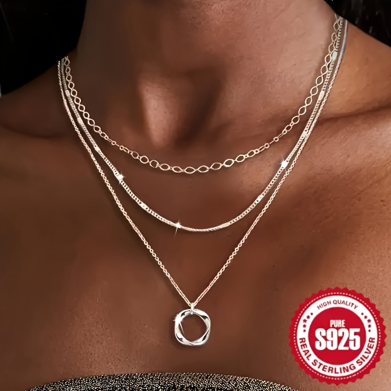 

S925 Sterling Silvery Necklace - Fashionable Round Pendant With Trendy Layeringdesign, Suitable For Women And Girls As Jewelry Gifts For Parties Andvacations