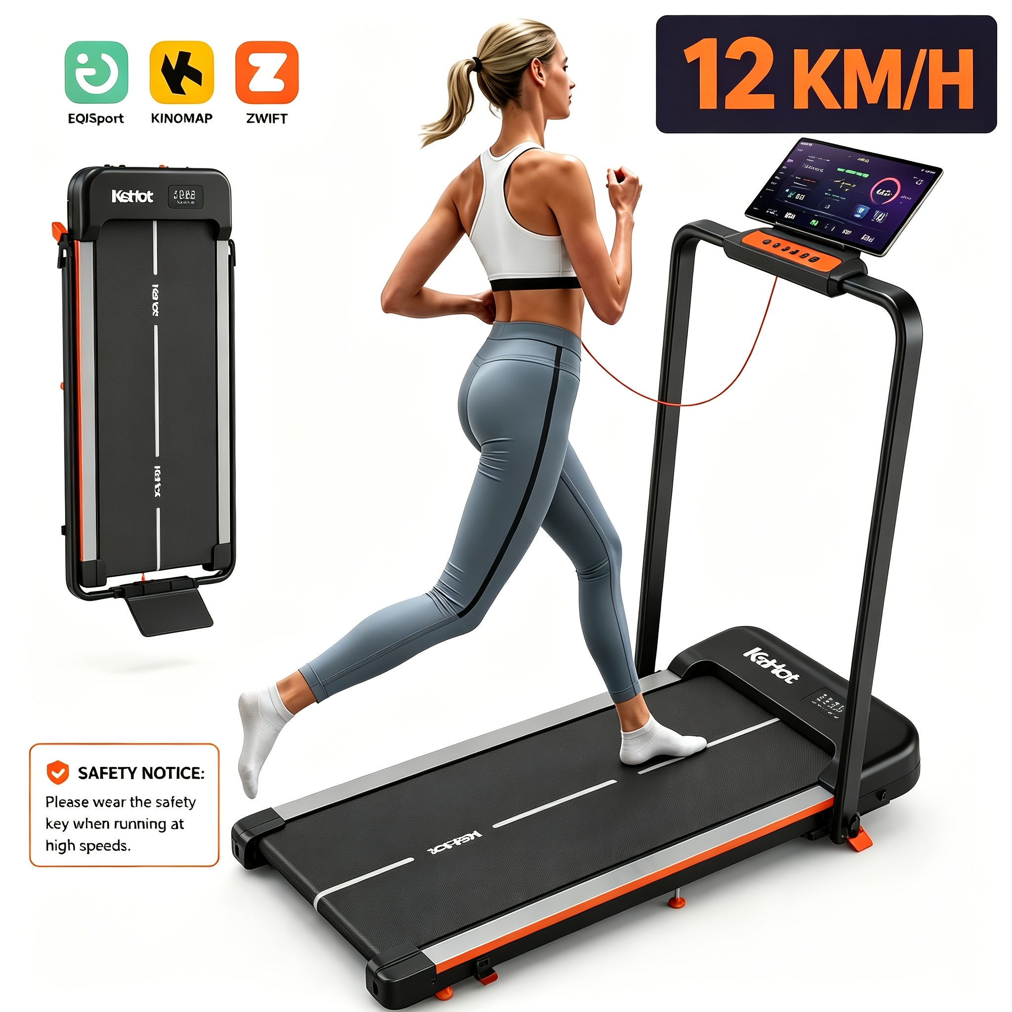 Image of Folding Treadmill For Small Apartments, 12% Incline, 1-6km/h Walk Max 12km/h Run, Compatible With Eqisport , 12 Training , Ultra-thin Foldable With Safety Key, Without Battery