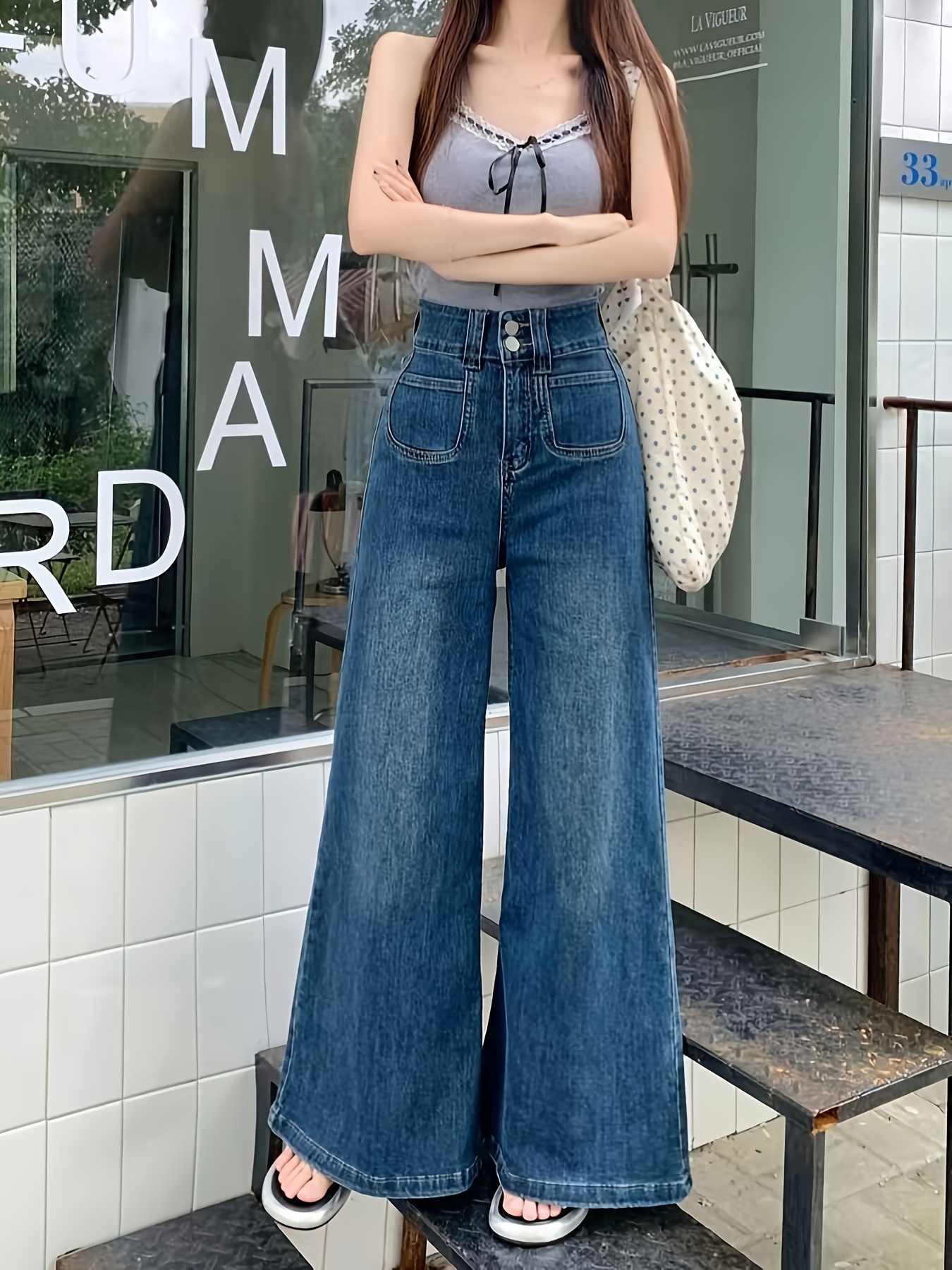 women's high waisted wide leg denim jeans casual Temu Bahrain