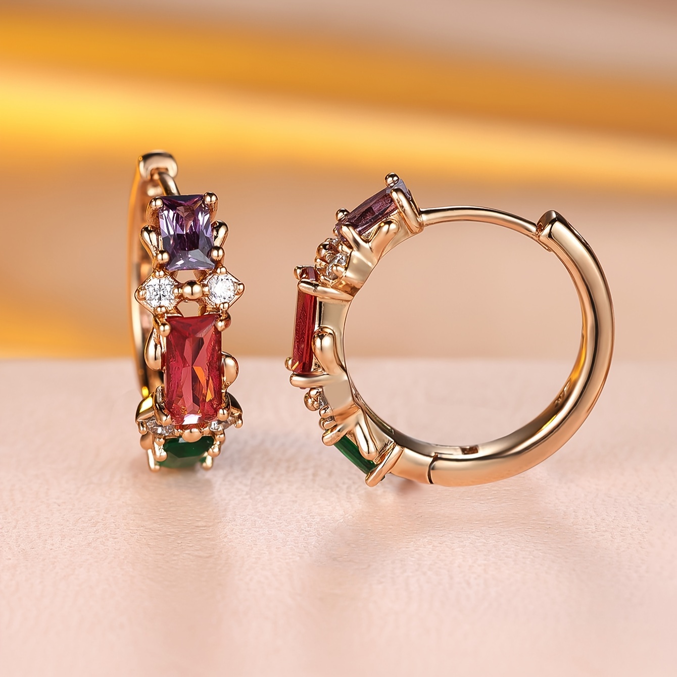 Luxury Copper Hoop Earrings with Multicolor Cubic Zirconia