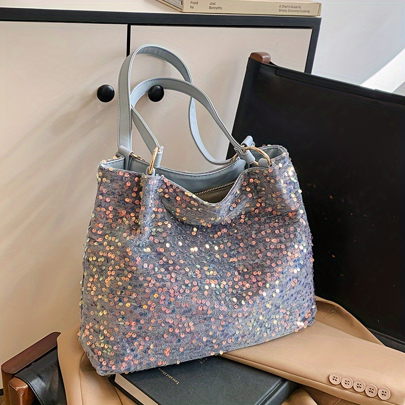 Image of Fashion Trendy Sequined Sparkling Zipper Closure Large Capacity Shoulder Handbag Women' Influencer Chic Bag