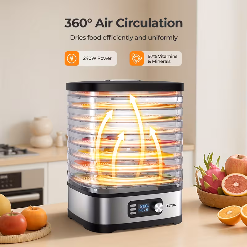 Electric Food Dehydrator - 5 Tray, Adjustable Temperature, 72-Hour Timer, LED Display, 240W, Includes Recipe Book