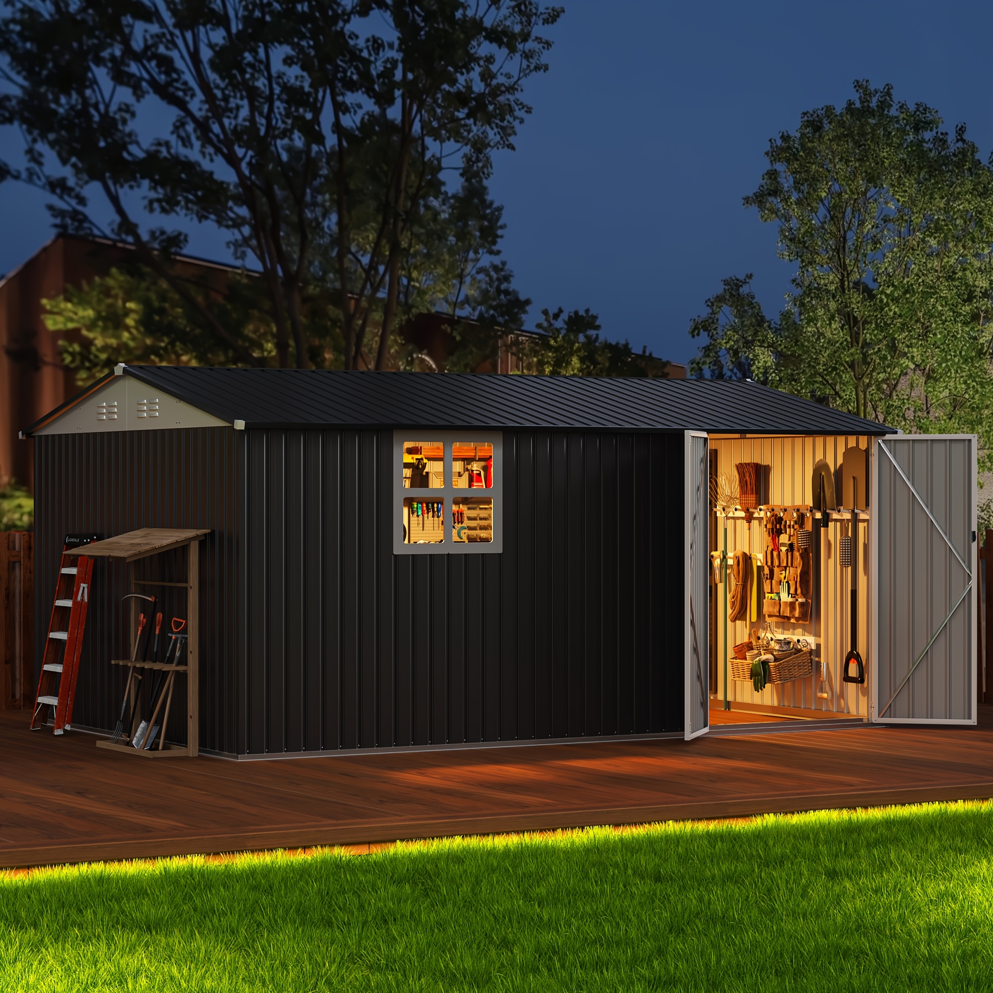9.5x14ft Outdoor Metal Storage Shed with Window, Heavy-Duty Galvanized Steel Tool Shed with Lockable Doors, Waterproof Garden Shed for Backyard, Patio, Lawn, Black