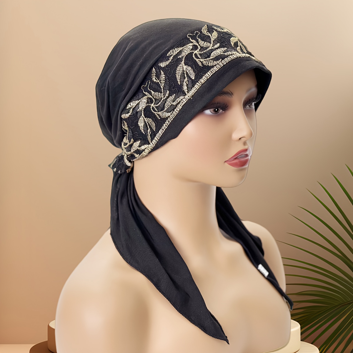 

Embroidered Turban Hat Thin Chemo Hat Black Pullover Cap With Tails