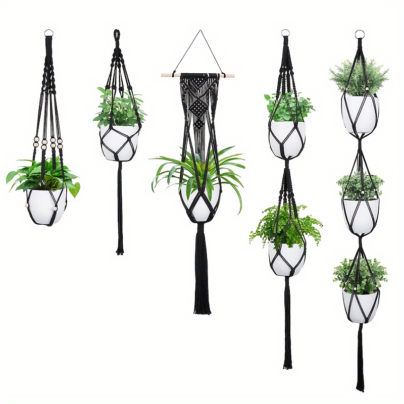 5-er Pack Makramee Pflanzenhänger für Innen Außen, Handgefertigte Hängepflanzenhalter-Körbe, Dekorative Blumentopfhalter für Boho-Wohnkultur (Verschiedene Ebenen)