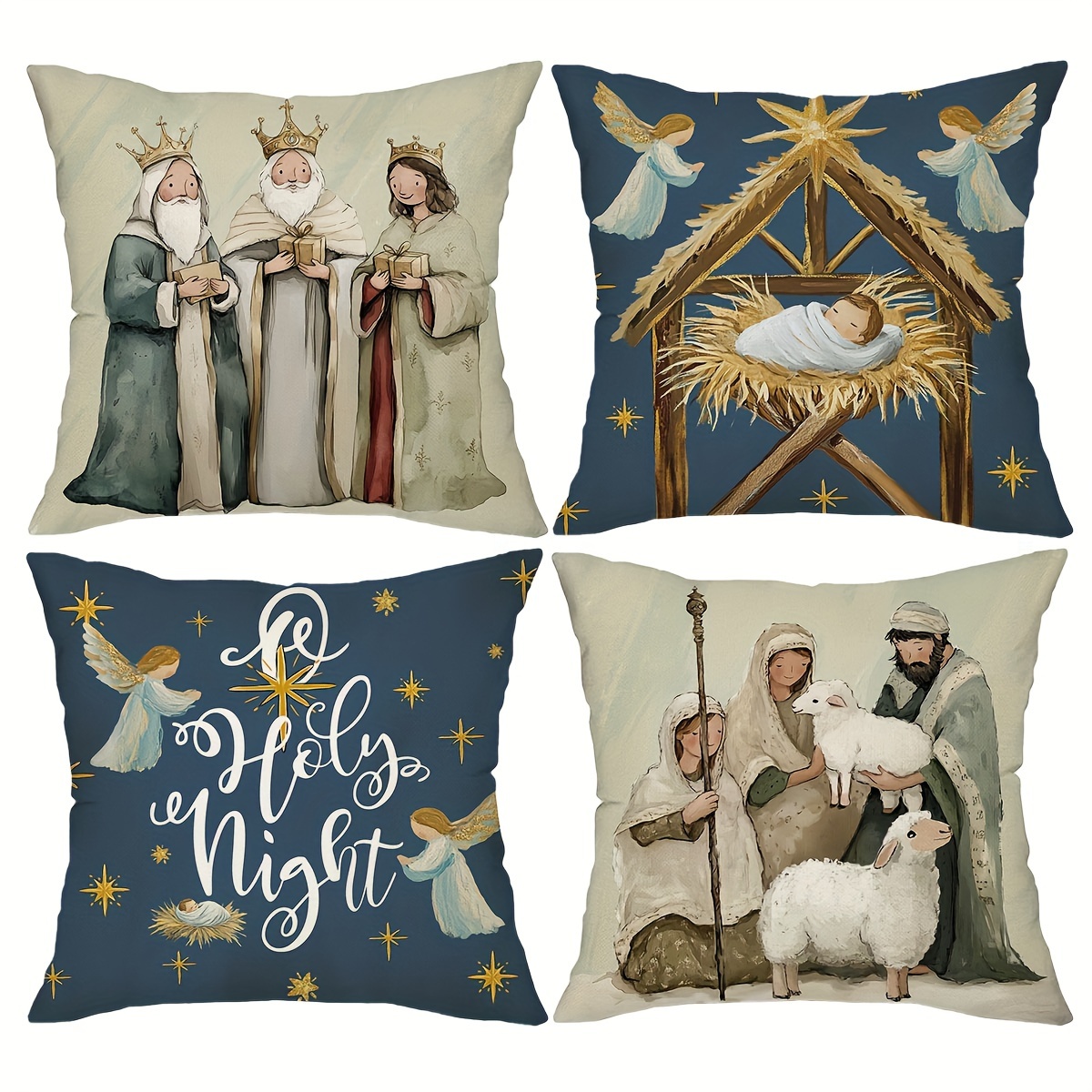 TEMU de 4 taies d’oreiller de Noël vintage, 18 x 18 pouces, crèche et de sainte, housses de coussin en polyester lavables à avec fermeture éclair,