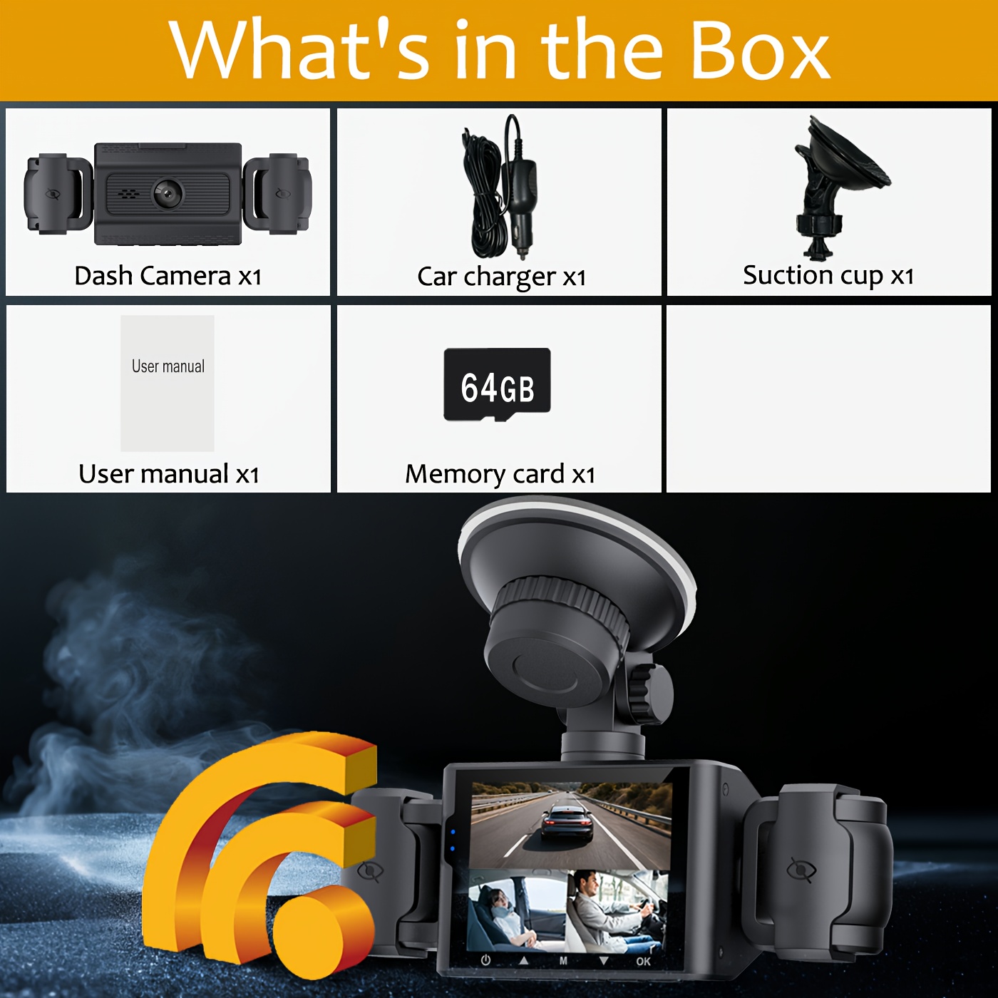 Bcuoz 3/4 Lens Dash Cam With 1080p Front, 720p Rear/ Recording - Includes Free 64gb Sd Card, 360° Rotating Camera, Rear Camera, Loop Recording, Vision, & Wdr - Essential Accessory For
