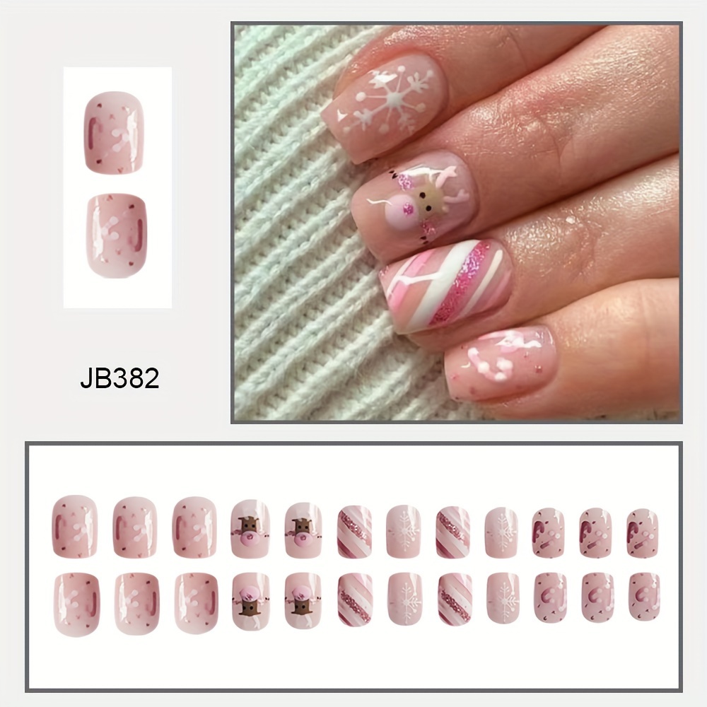 24pcs Of Short Square-shaped Creative Christmas-themed Nail Art Featuring Reindeer Heads And Snowflakes, Designed As Removable False Nails