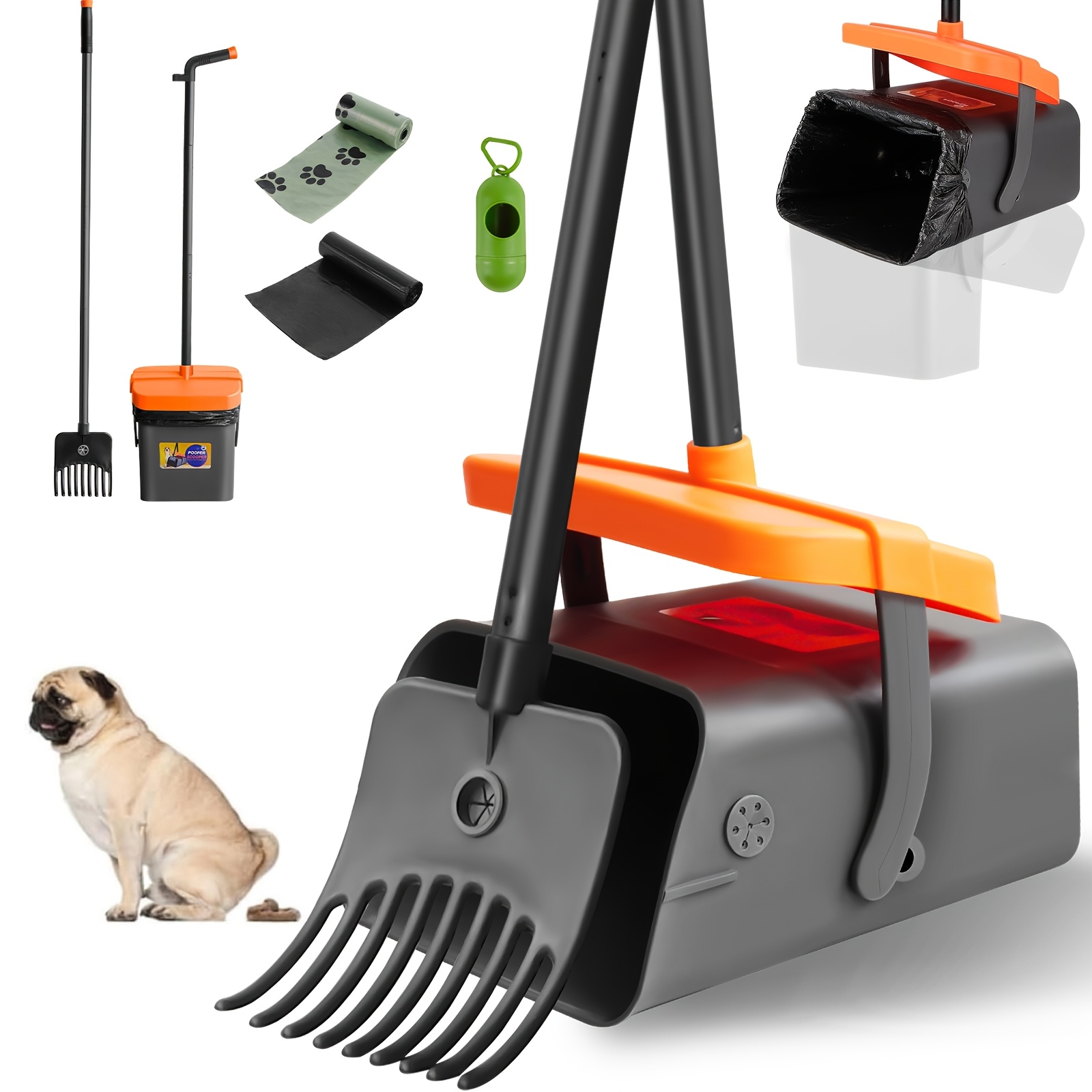 TEMU Pooper Scooper Swivel Bin And Rake Kit - Adjustable Long Handle, Rotating Bin With Lid, 35 Waste Bags, Aluminum Alloy And Plastic Construction,