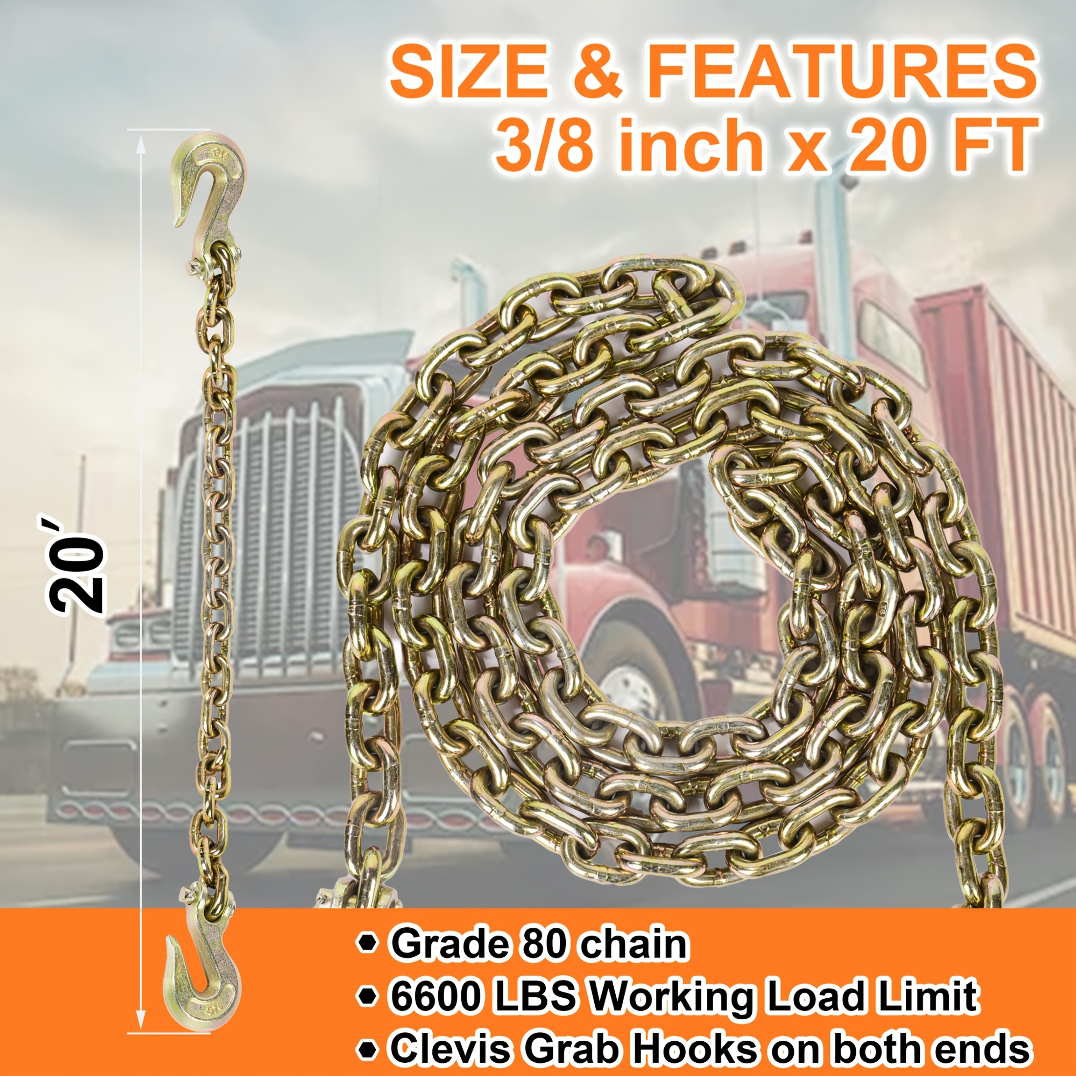 5/16" X 10 Ft G80 Binder Chain With 2 Hooks - 4900 Lbs Capacity, Heavy-Duty Tow/Tie-Down Chain