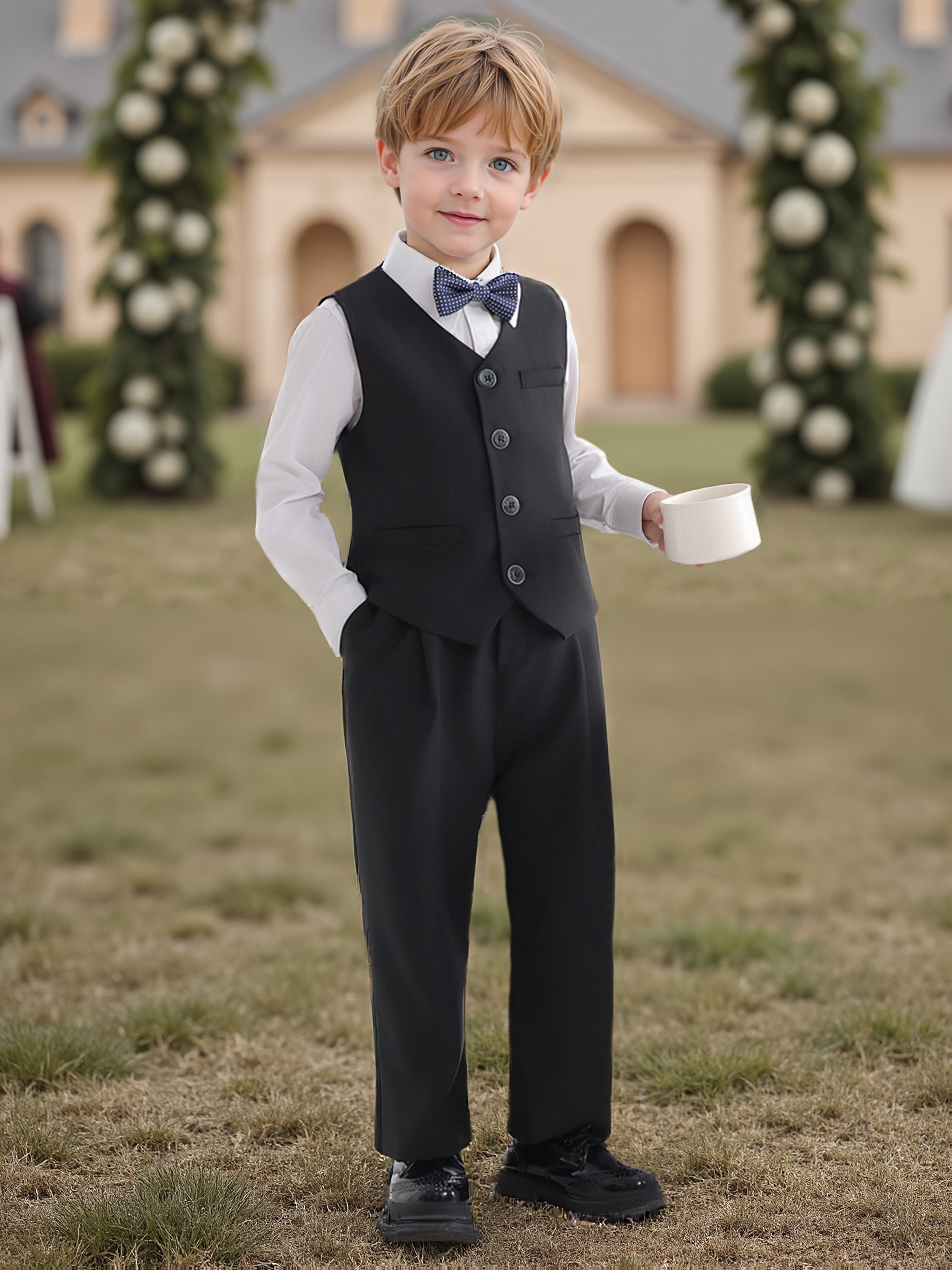 Jungen Anzug-Set 4-teilig – Blaue Weste, Hose, Weißes Hemd, Rote Fliege | Für Jungen 2–7 Jahre