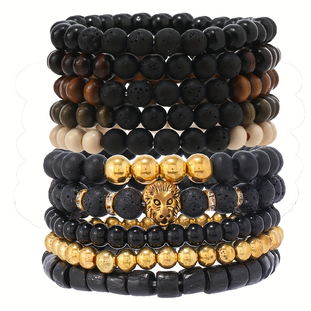 

10pcs Men' Bracelet Set - Stone & Wood , , - Zinc Alloy Accents, Layering Jewelry For