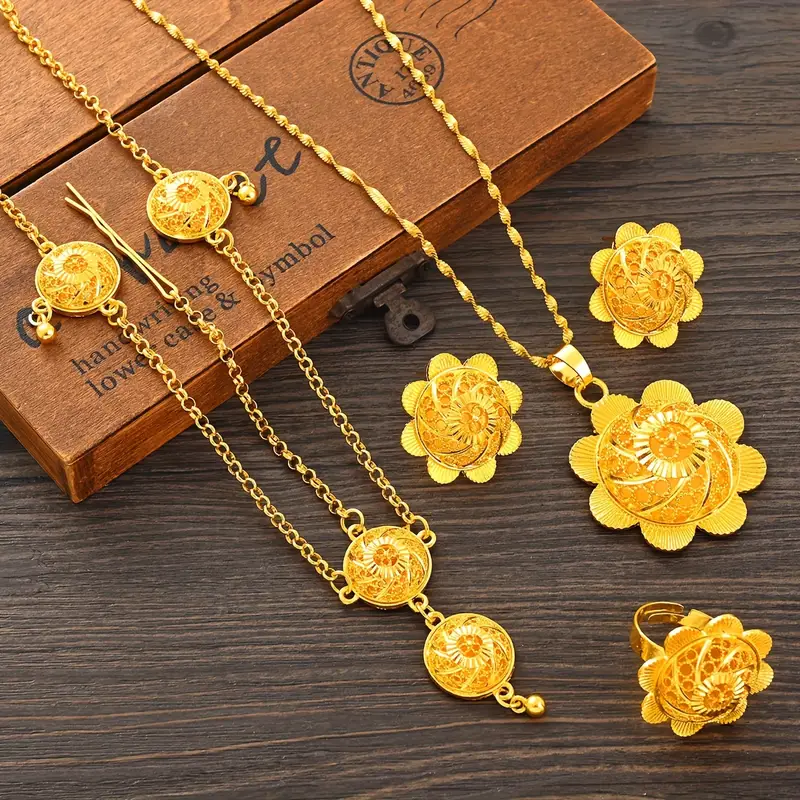 24k Gold Plated Yellow African Women's Jewelry Set, Street Style ...