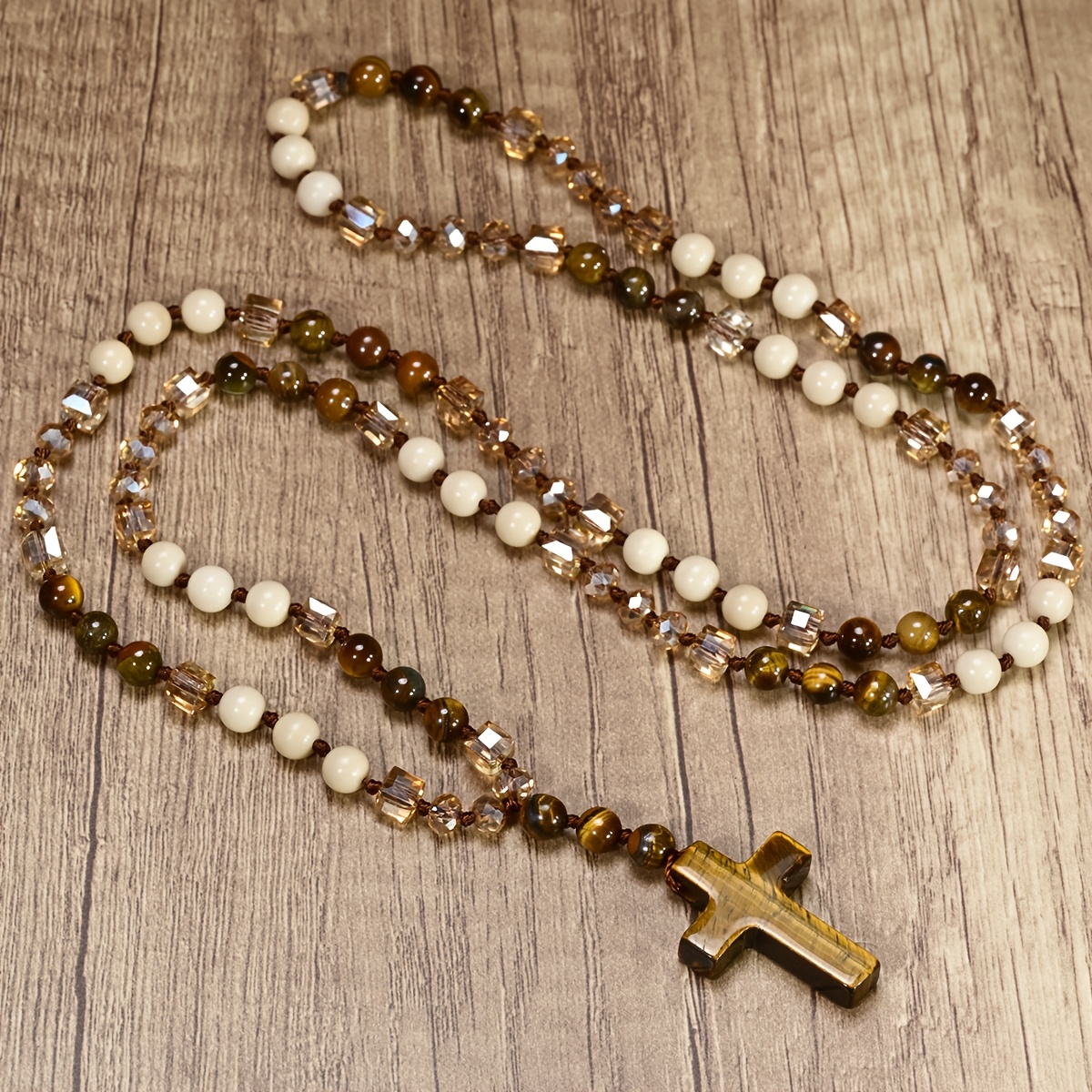 Unisex Natural Tiger Eye Cross Pendant Necklace