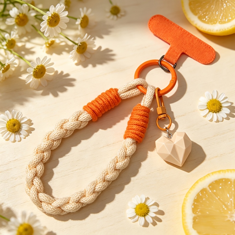 TEMU A Dopamine Color-blocking Handmade Woven Phone Lanyard Wrist Strap - With A Heart Keychain Charm, Dual-use Keychain For Phone Cases And Bags,