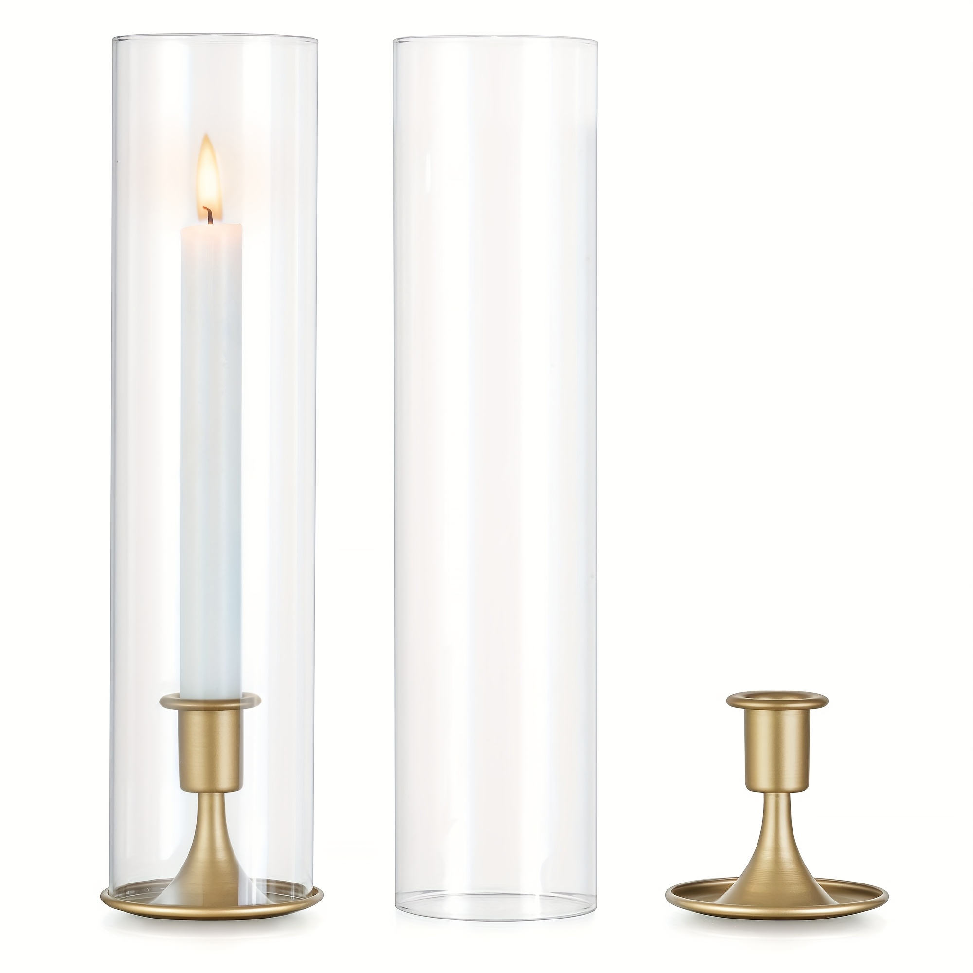 E-shop Set aus 2 Hurricane-Kerzenleuchtern, golden – Kerzenhalter für Stumpenkerzen, hoher Zylinder aus klarem Glas für Hochzeitstisch-Mittelstücke,