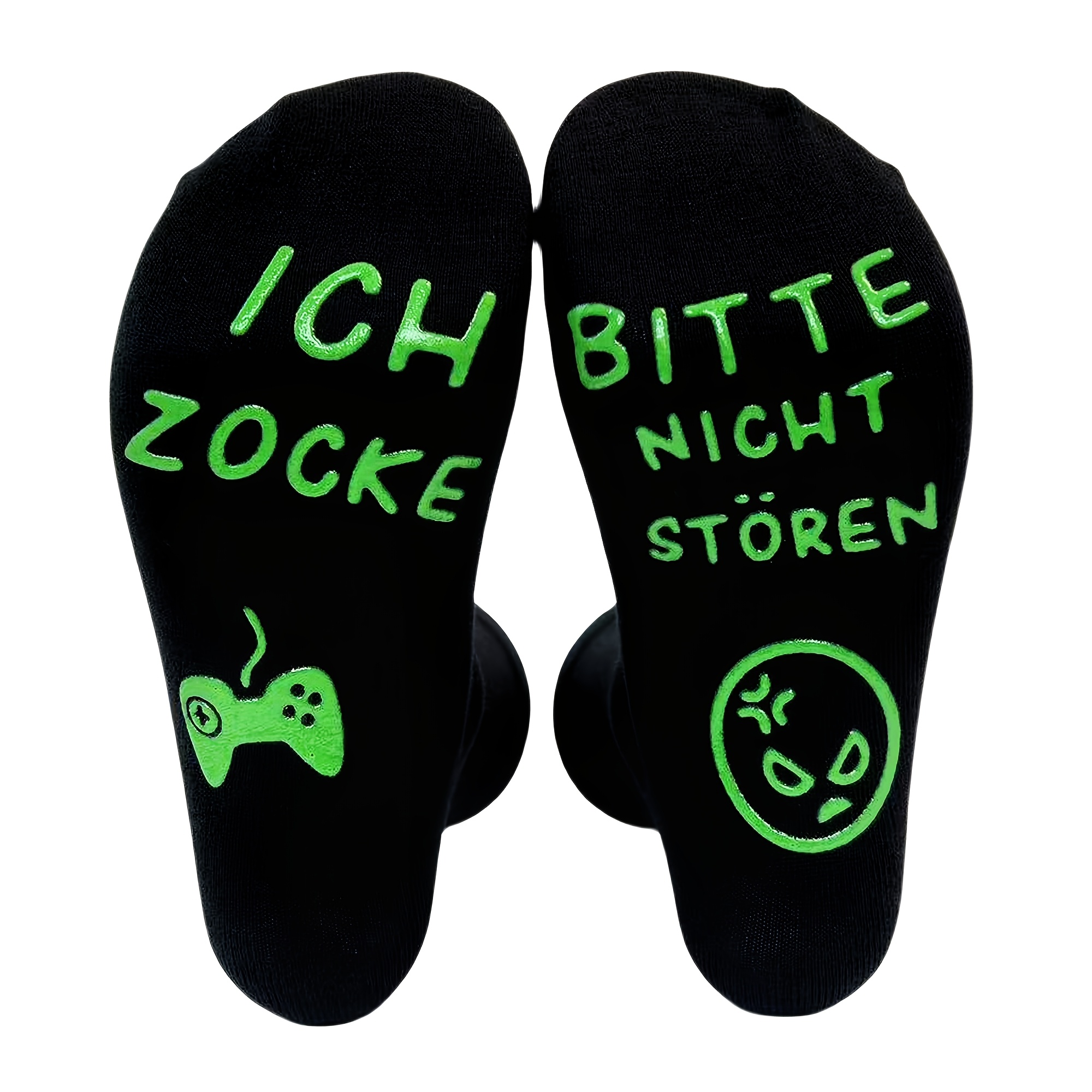 TEMU 1 Pair Of Couple Style German- Gaming Party Non-slip Dispensing Floor Socks, Black Background With Fluorescent Green / Silver-white "i'm Gaming,