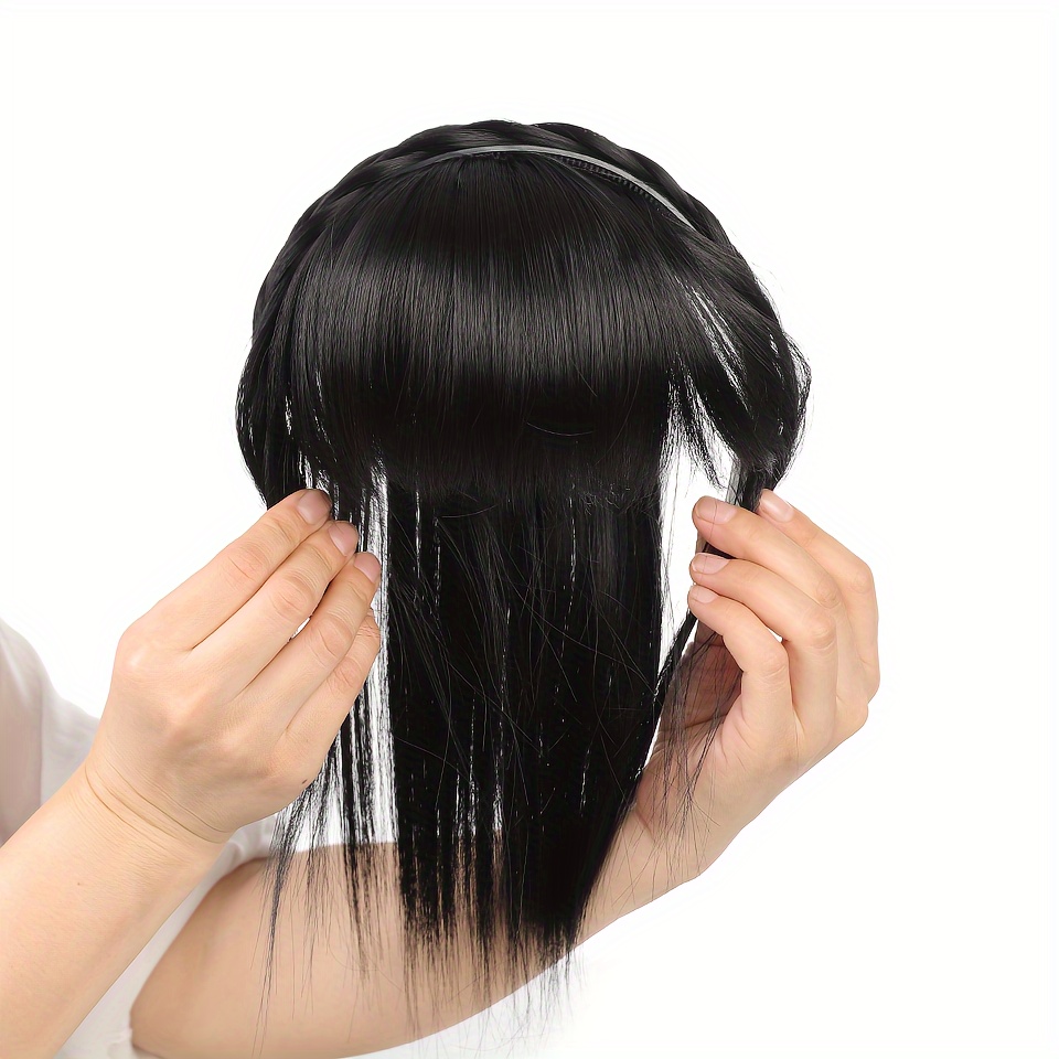 womens synthetic straight hair topper with clip in bangs and overhead braids natural looking   fringe hair extension hairpiece for all women styles details 2