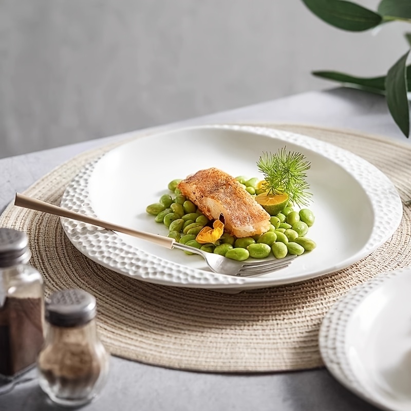 Hammered Edge Pure White Ceramic Dinner Plates, Nordic Ins Style Embossed Textured Plates, Multi-Size Flat Plates for Home, Steak Plates for Restaurant, Trendy Tableware Set